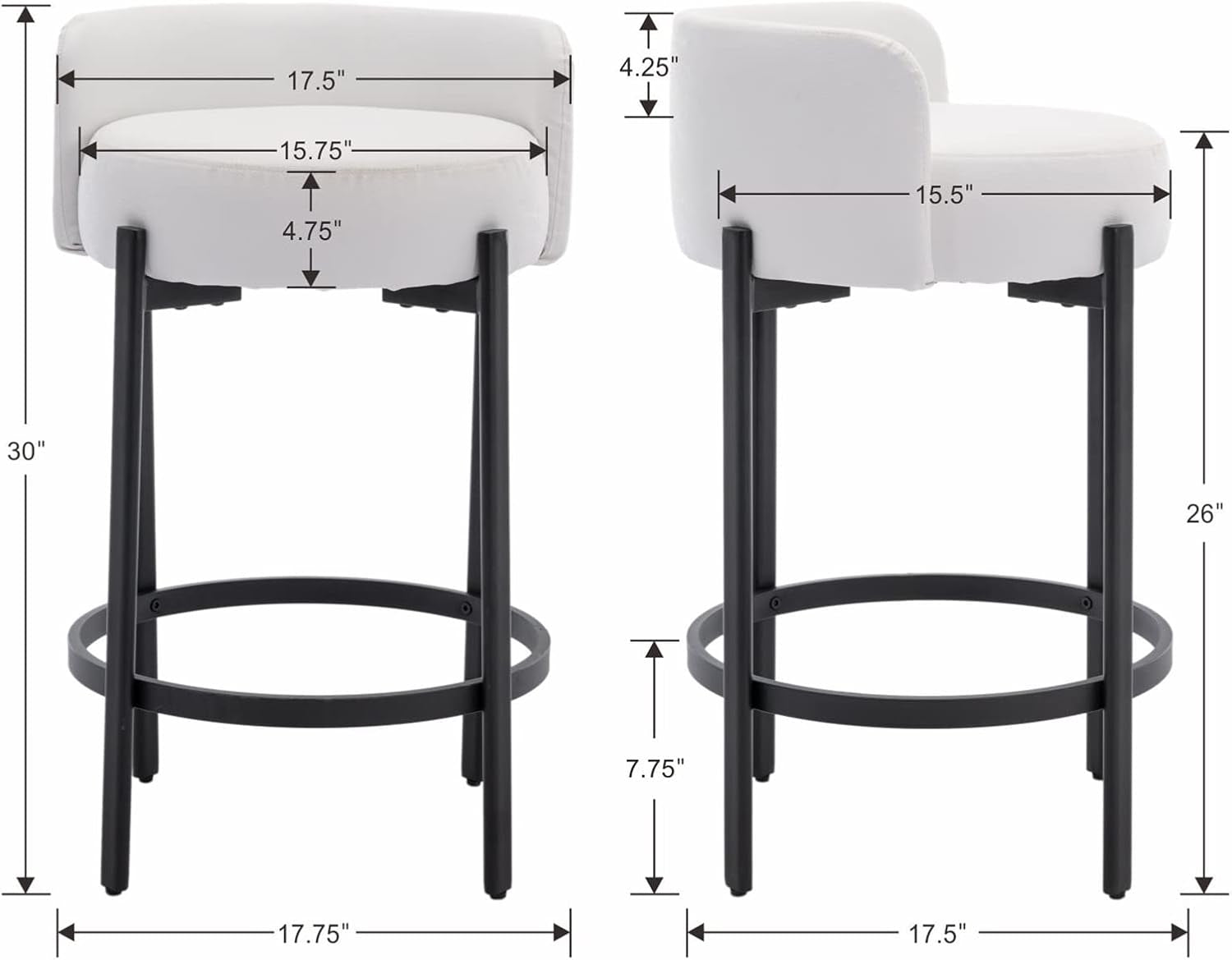 Counter Height Bar Stools 26" round Barstools Set of 2, Modern Faux Leather Counter Stools with Black Metal Legs for for Kitchen Island Counter, Small Space, White-1