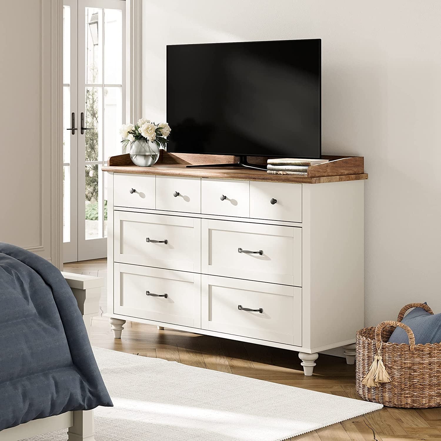 2 In 1 Mid Century Modern White Dresser TV Stand For 85 Inch TV With 12-Drawer Dresser Unit-0