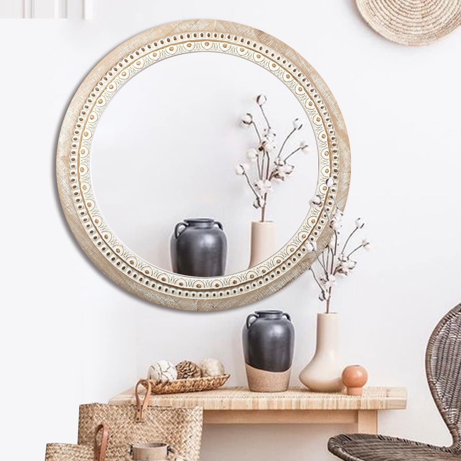 Farmhouse Rustic 30 Inch Wooden Round Mirror Wall Decor-4