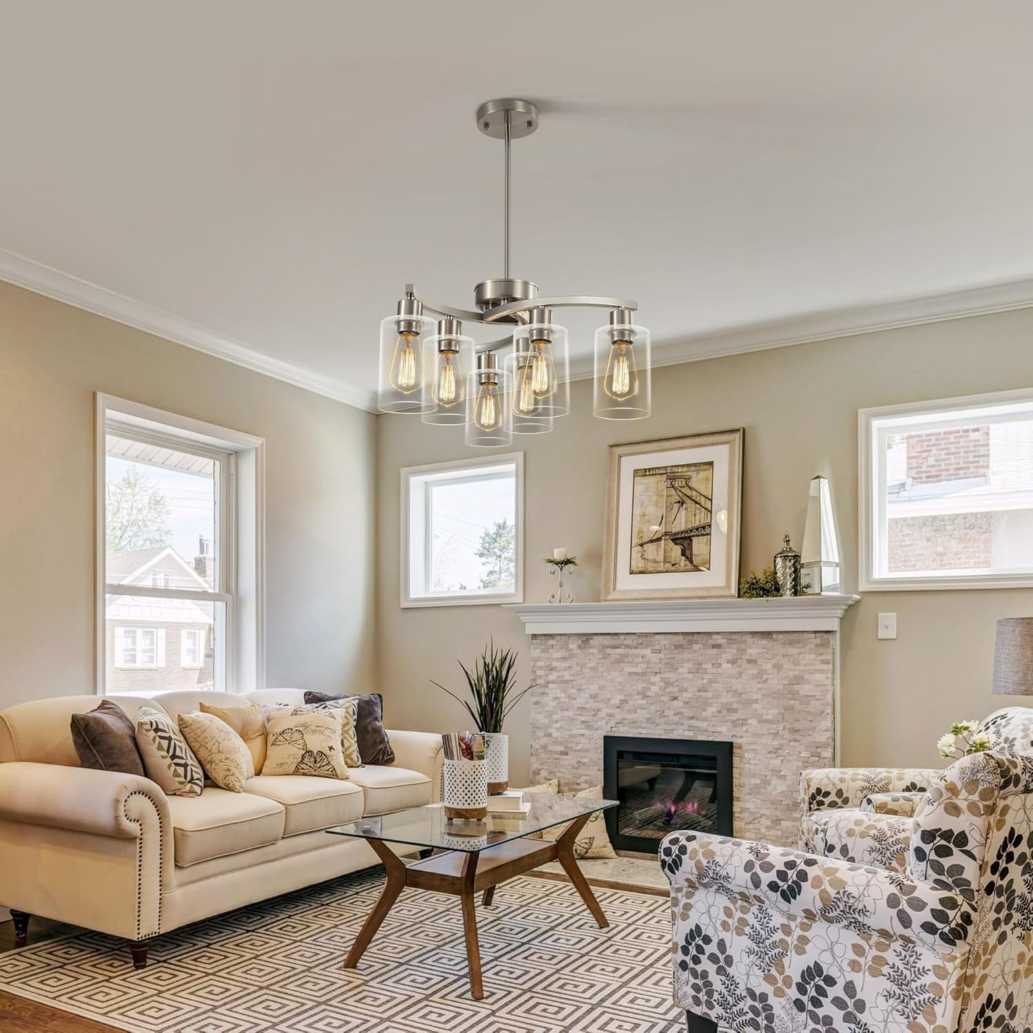 Six Light Brushed Nickel Industrial Glass Chandelier-3