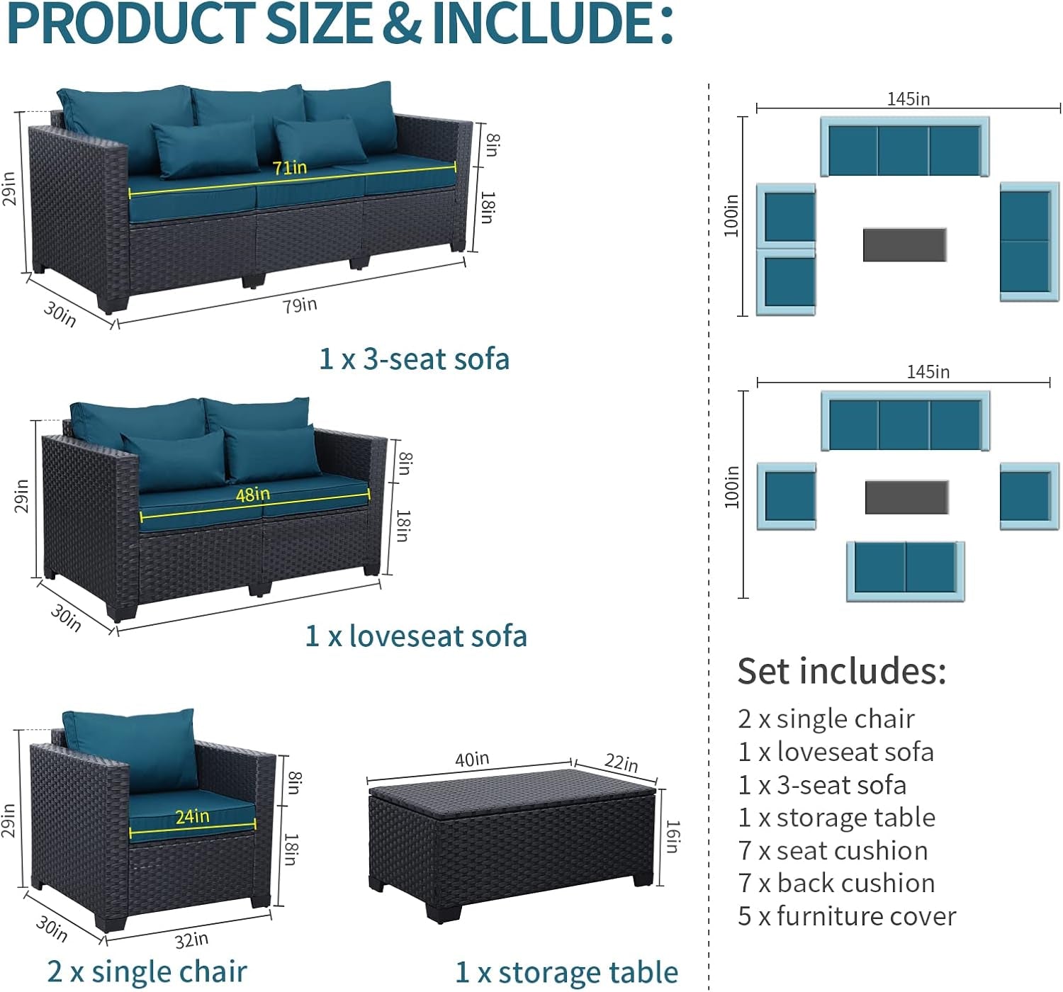 Peacock Blue 5 Piece Patio Furniture Set With Anti Slip Cushions And Covers-4
