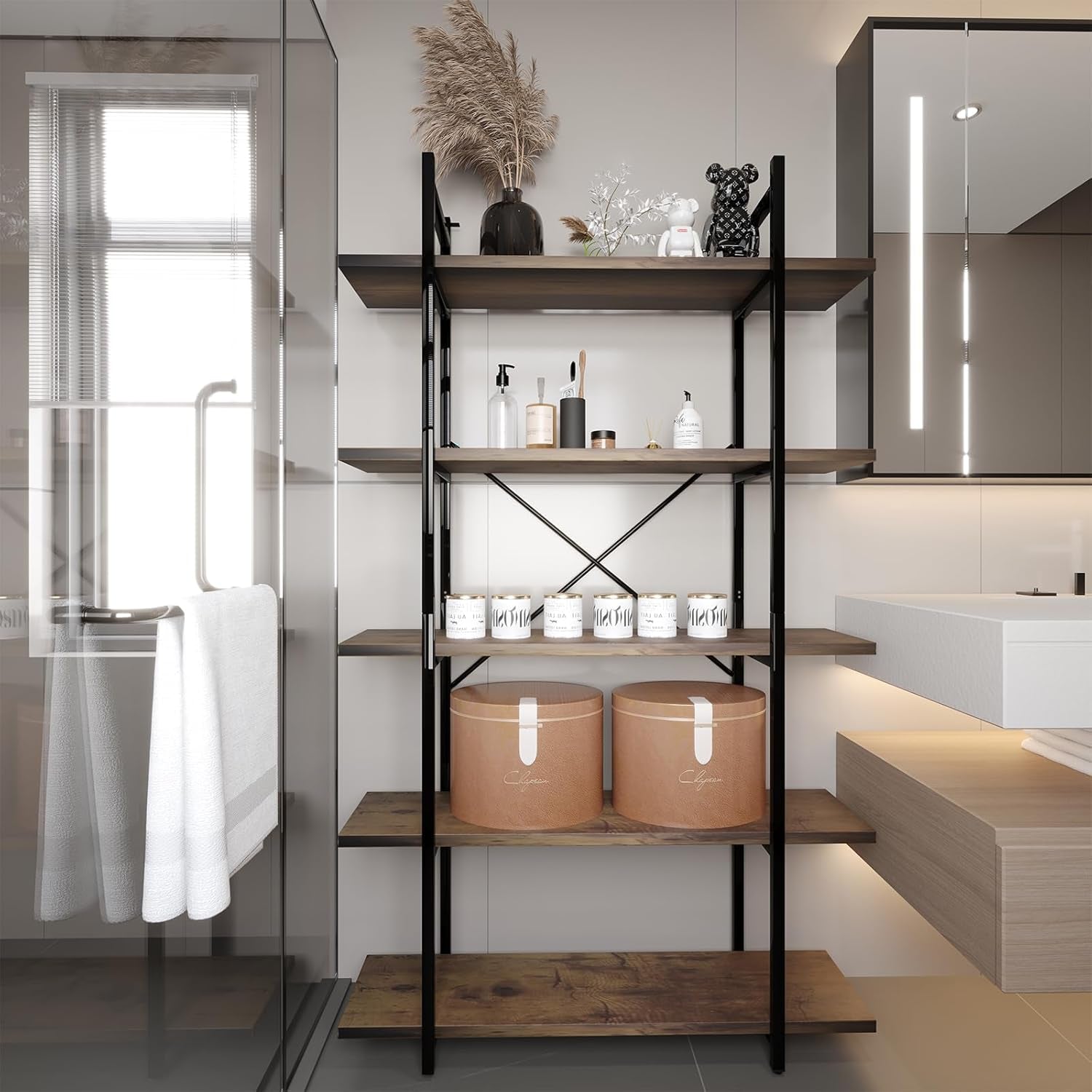 Five Tier Bookshelf Organizer Rustic Brown Metal Shelving-2