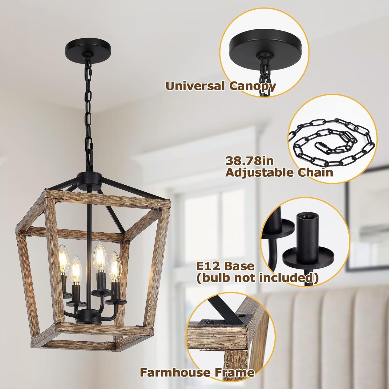 4 Light Farmhouse Chandelier With Rustic Wood Cage Light-3