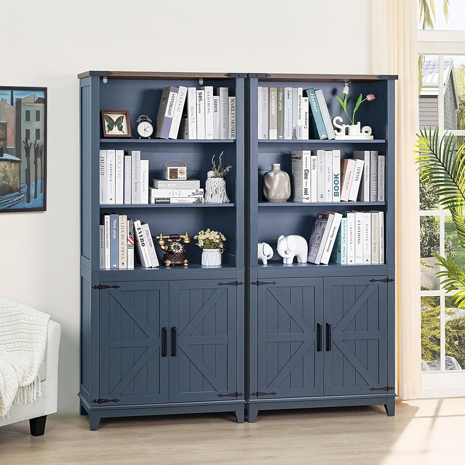 Blue 70In Tall Farmhouse Bookcase Adjustable Shelves-2