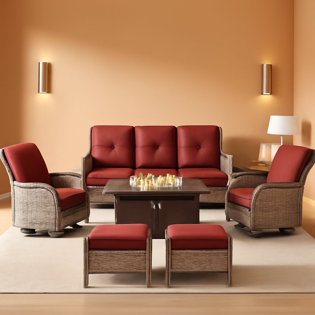 Patio Furniture Set With 50000 BTU Fire Pit Table Red Cushions-0