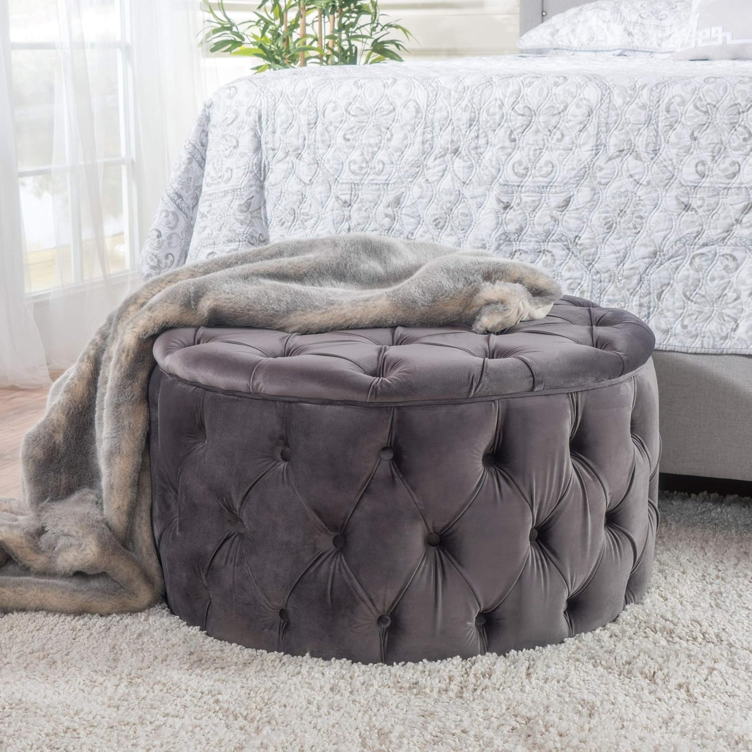 Grey Velvet Button Tufted Diamondlike Stitch Ottoman-1