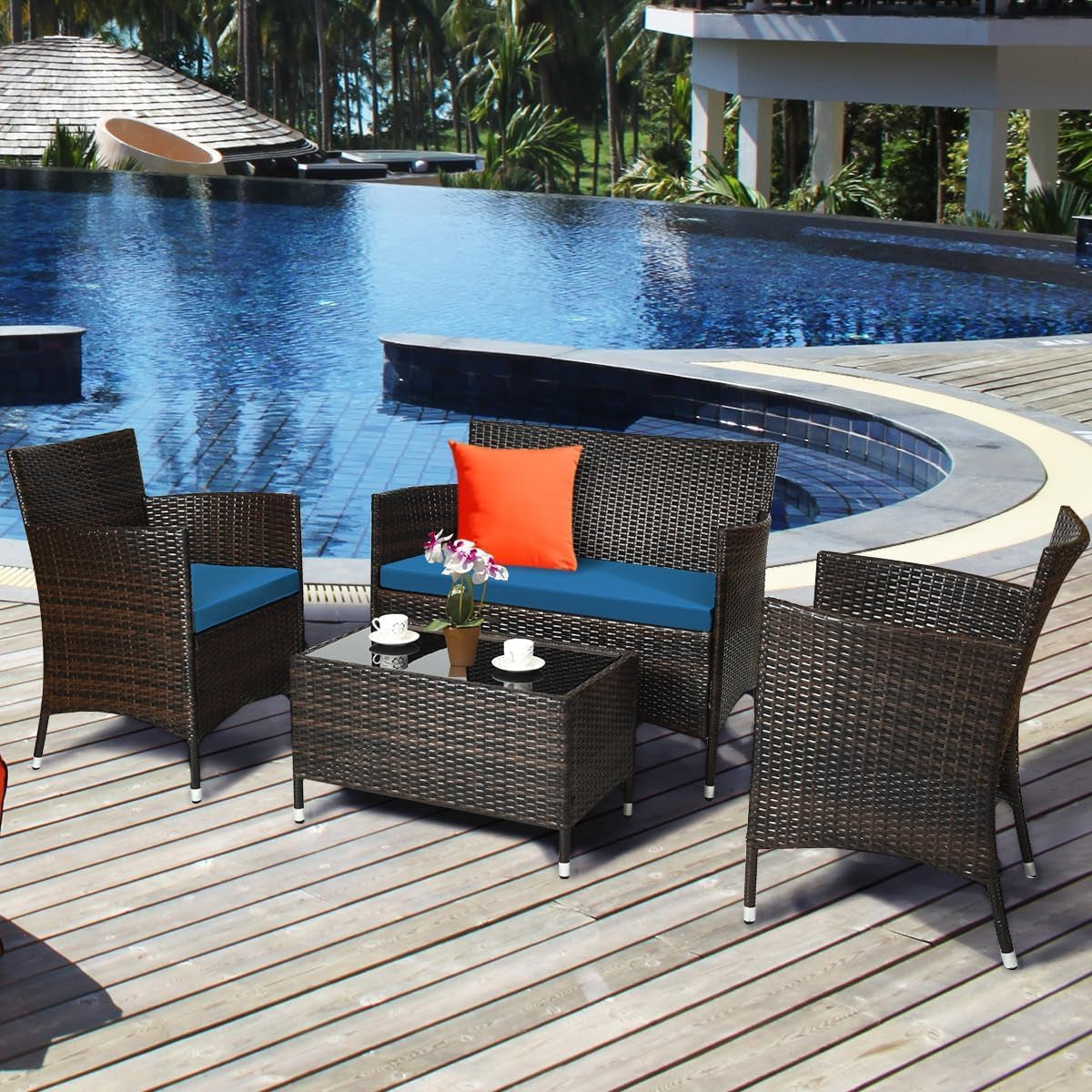 Peacock Blue 4 Piece Rattan Patio Furniture Set With Sectional Sofa-4