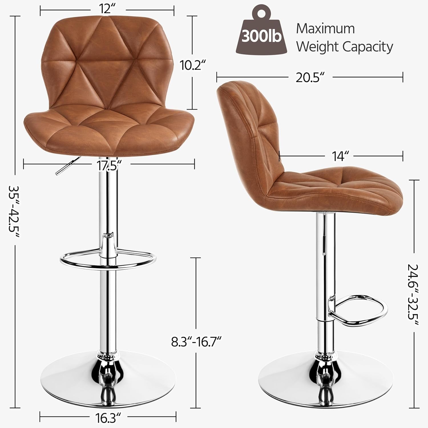 Bar Stools Set Of 2 Adjustable PU Leather Backrest Stools-2