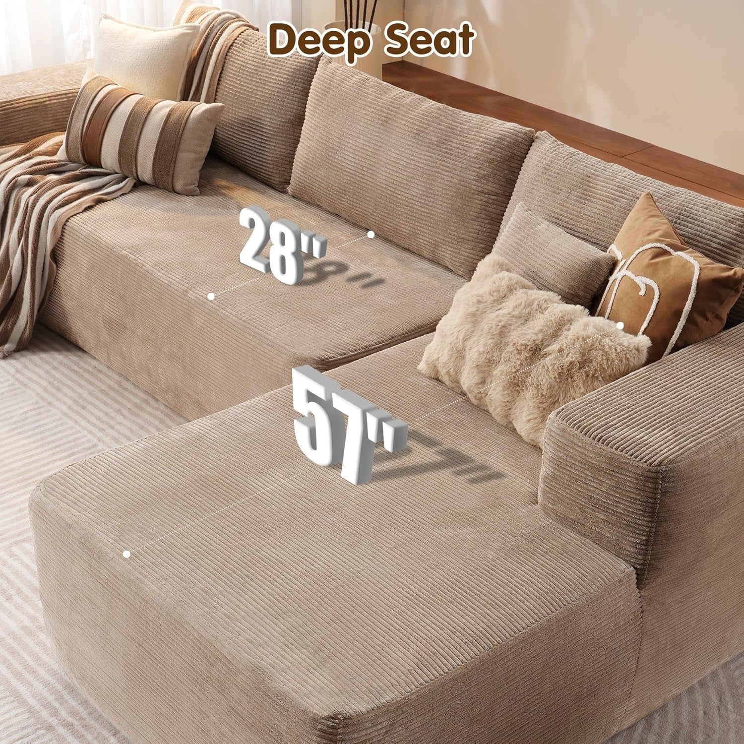 104" Cloud Sectionl Couch with L-Shpe Chise,Modern Modulr Sof with Deep Set, Upholstered Couches for Living Room Bedroom,No ssembly Required, Cmel (Corduroy Fbric)-2