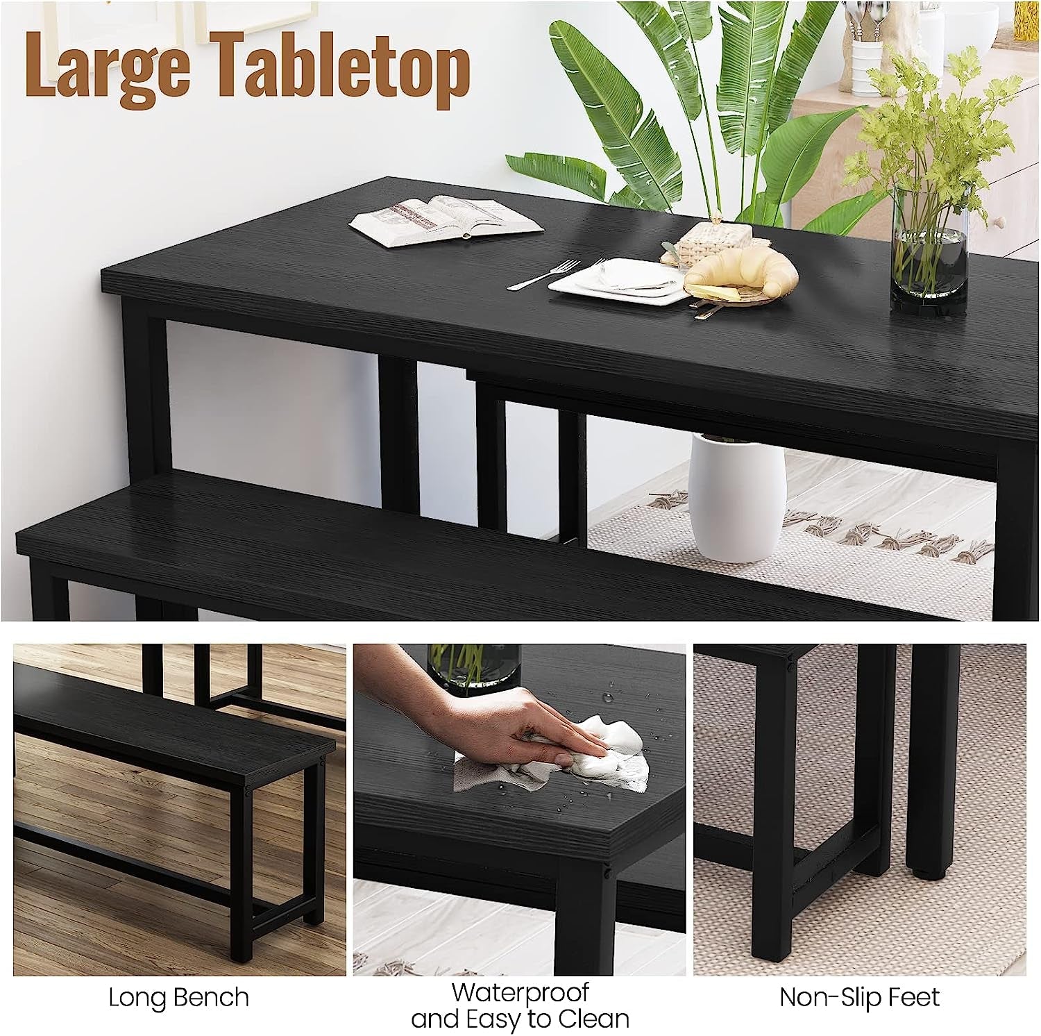 Rectangular Dining Table and Chairs for 4, Modern Wood Bench Dining Room Table Set-3