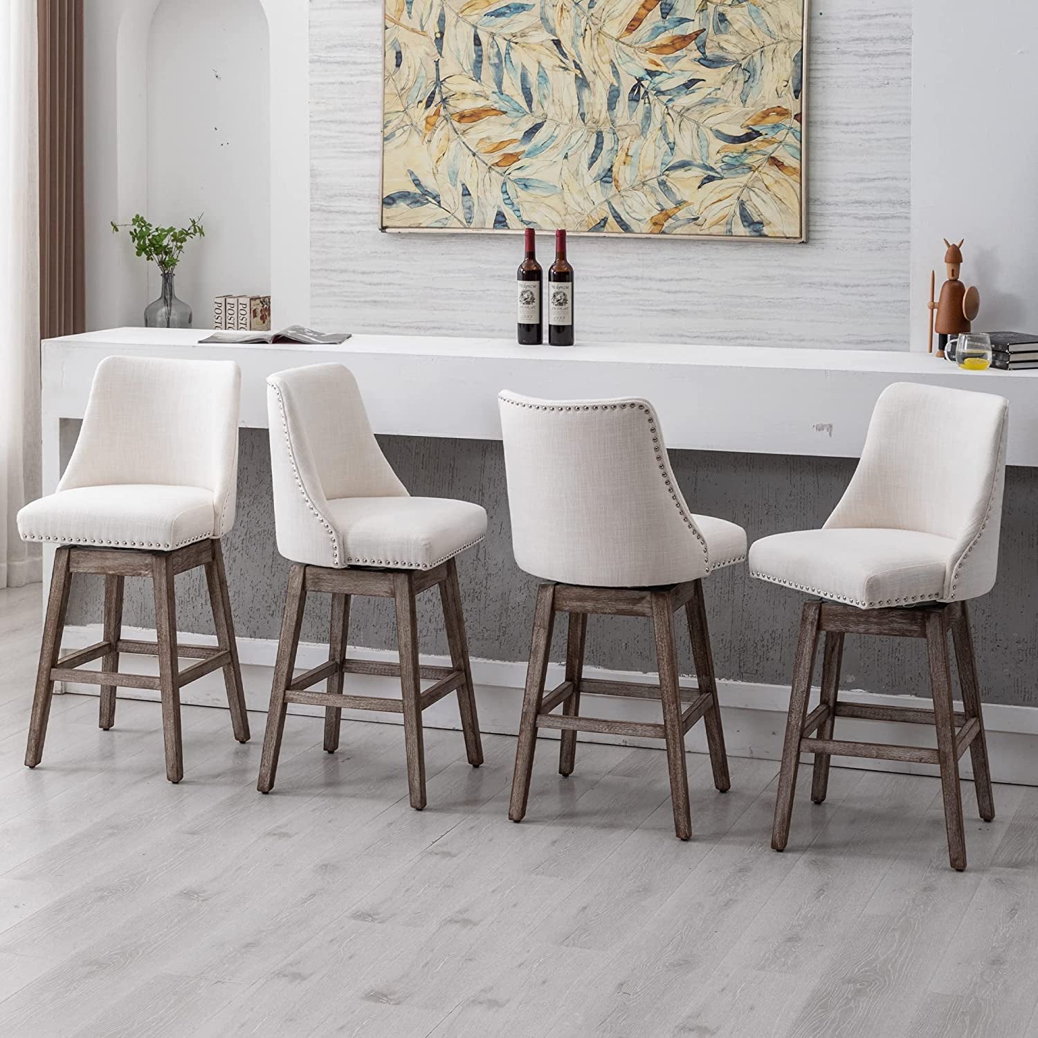 Swivel Upholstered Bar Stool With Back Wood Legs Set Of 4-2