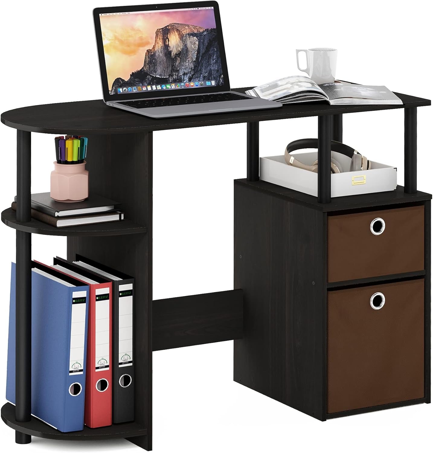 Jaya Brown Computer Study Desk With Storage Bins And Shelf-3