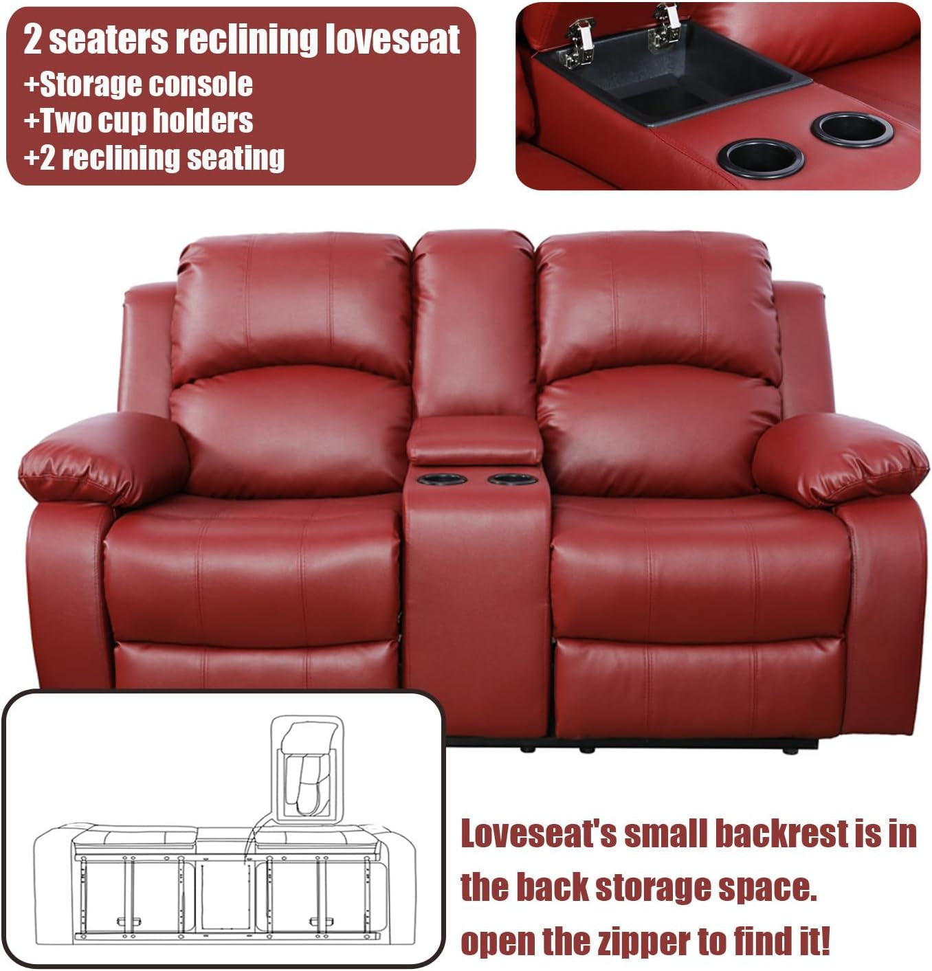 Red Leather Reclining Loveseat for Living Room Furniture, Double Recliner Sofa Couch 2 Seater Sofa with Storage Console/Two Cup Holders/Faux Leather-2