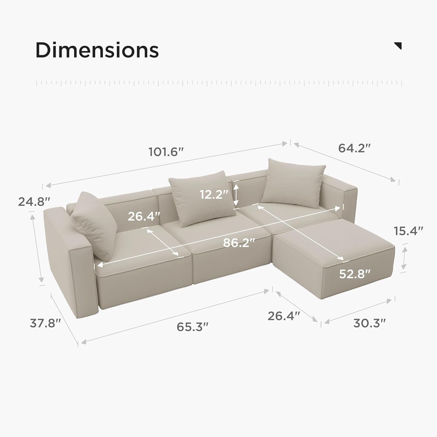 Luxury Modular Sectional Living Room Sofa Set, Modern Minimalist Style Couch with Ottoman and Chaise, L-Shape, Linen-Like Cream-1