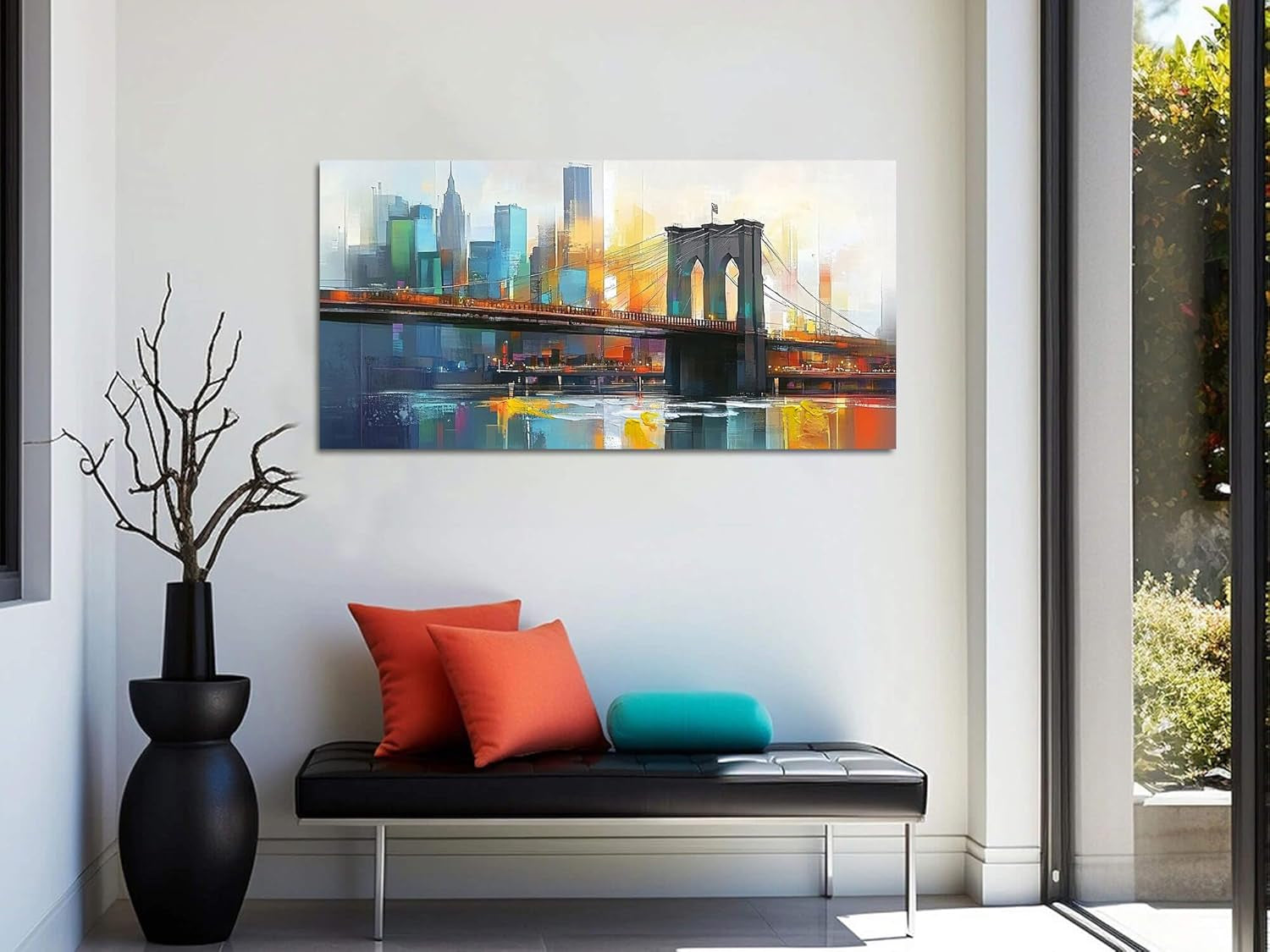 New York City City scape Wall Art Blue Grey 40x20 Framed Canvas-3
