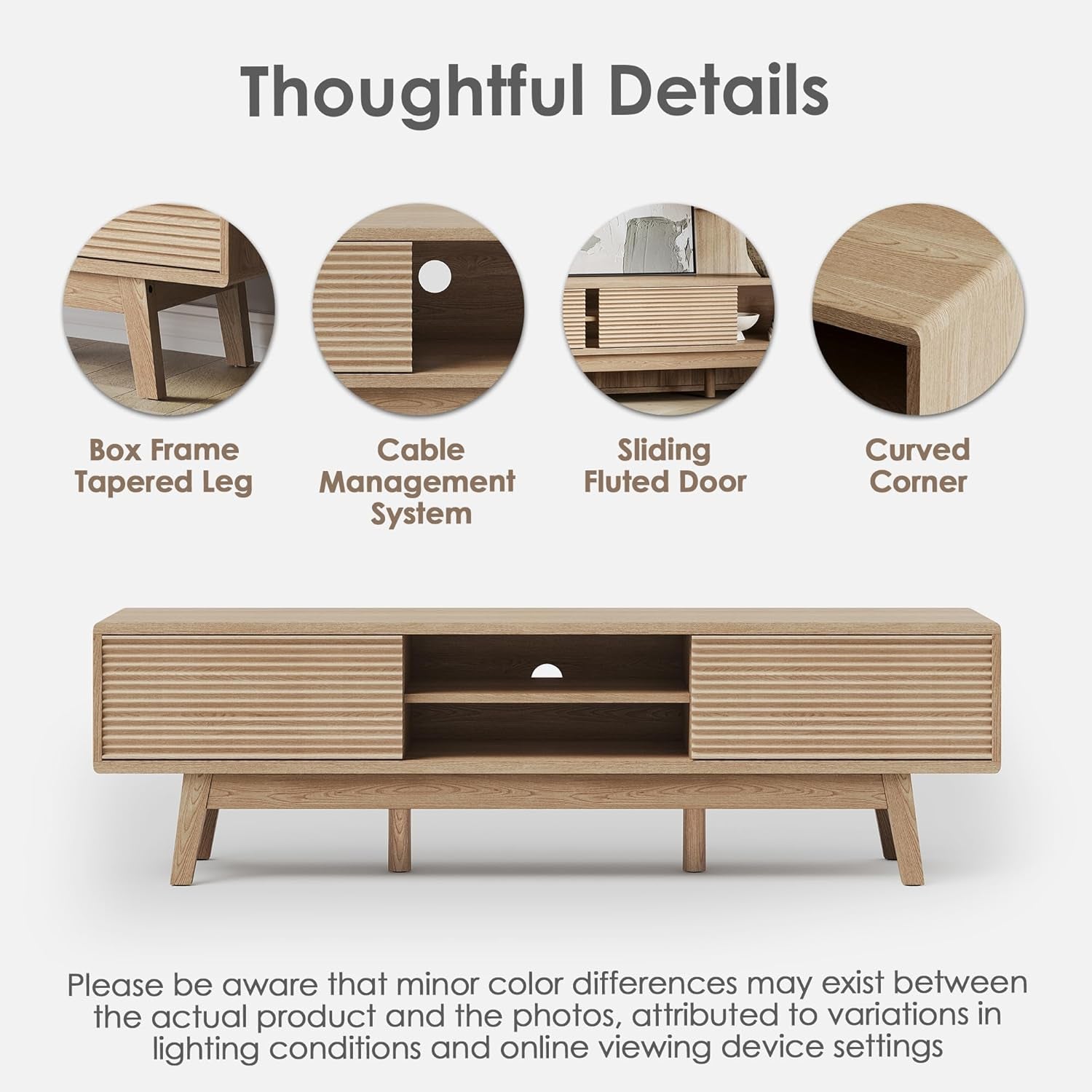 59" TV Console, Mid Century Modern Media Console for 55/60/65 Inch TV, Low Profile TV Stand with Fluted Sliding Doors, Boho Light Wood Credenza for Living Room, Light Oak-4