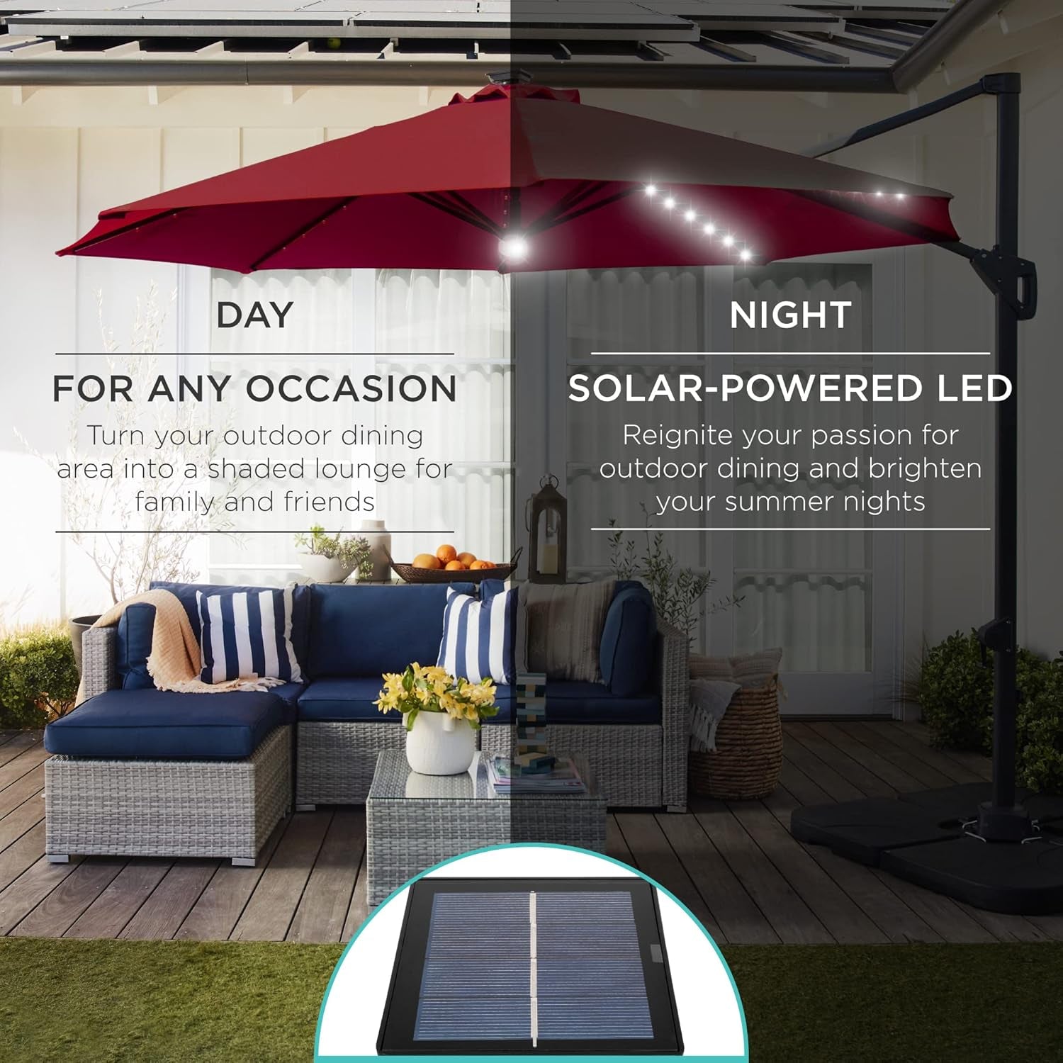 10ft Solar LED Cantilever Patio Umbrella With 360 Degree Rotation And Easy Tilt Cross Base-2