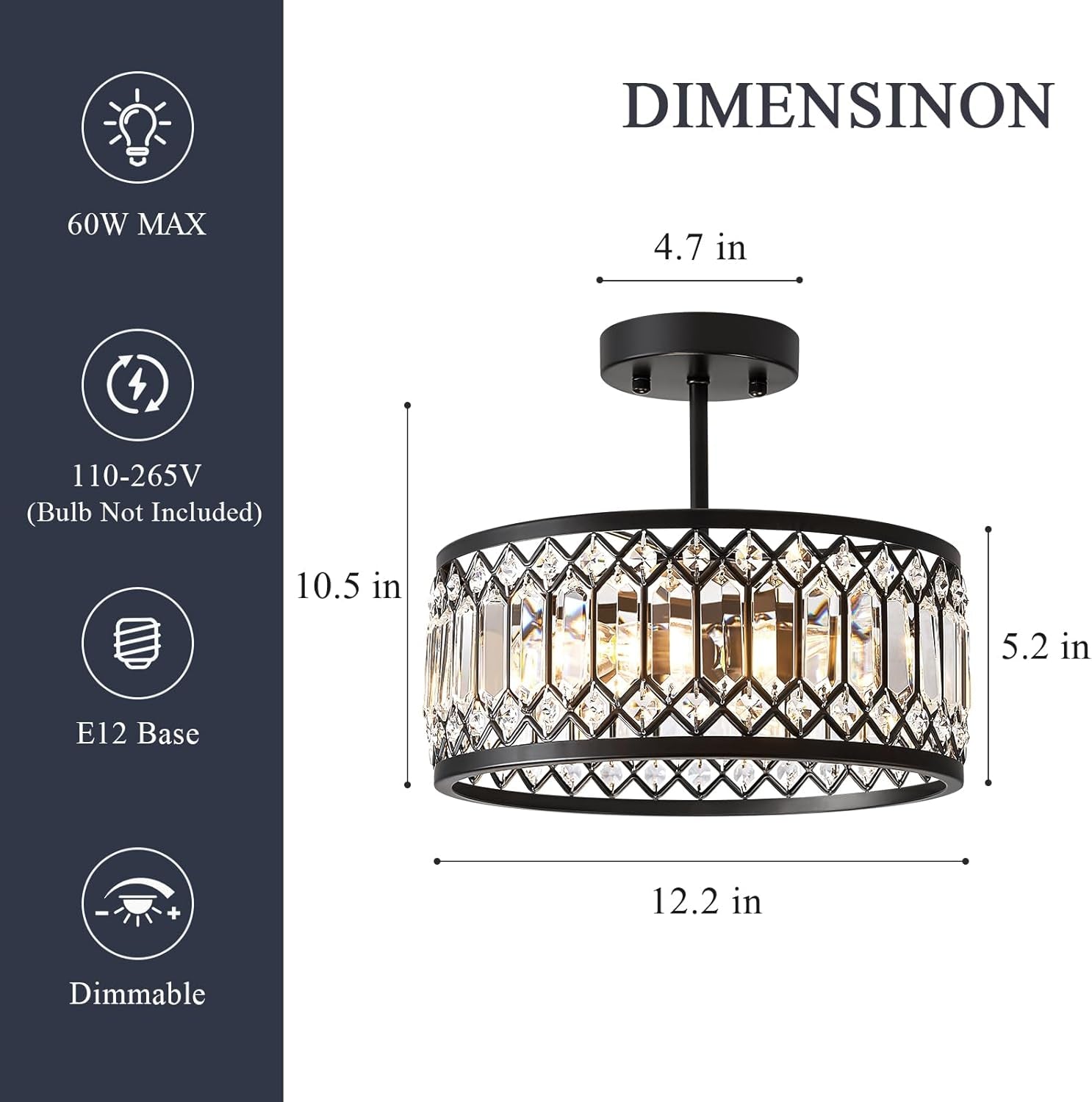 Crystal Black Three Light Semi Flush Mount Ceiling Light-3