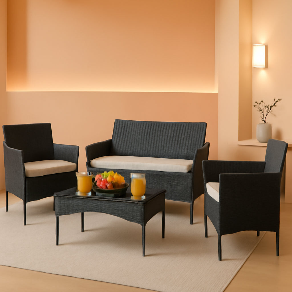 Patio Furniture Four Piece Conversation Set Black Beige-0