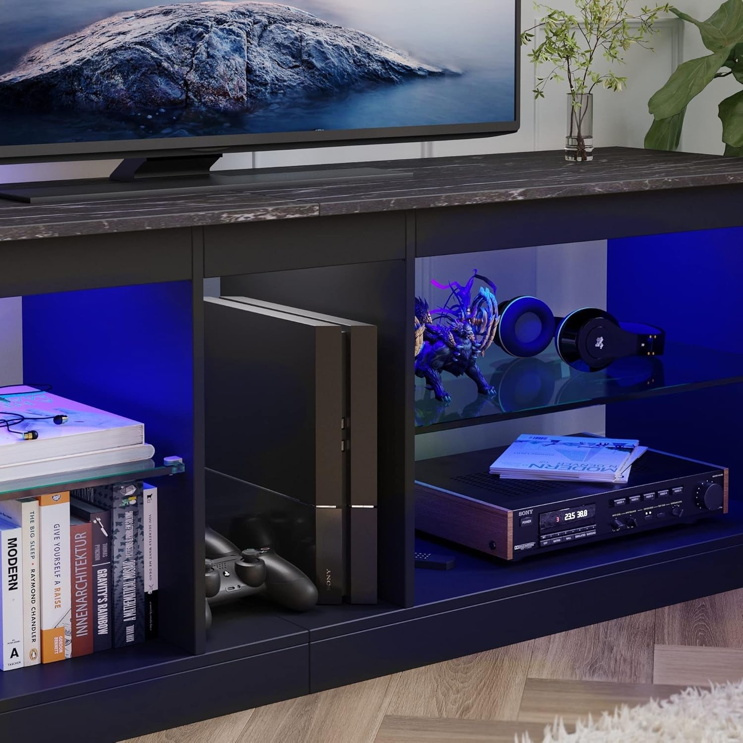 Entertainment Center LED Gaming TV Stand for 55+ Inch TV Adjustable Glass Shelves 22 Dynamic RGB Modes TV Cabinet Game Console PS4, Black Marble-3