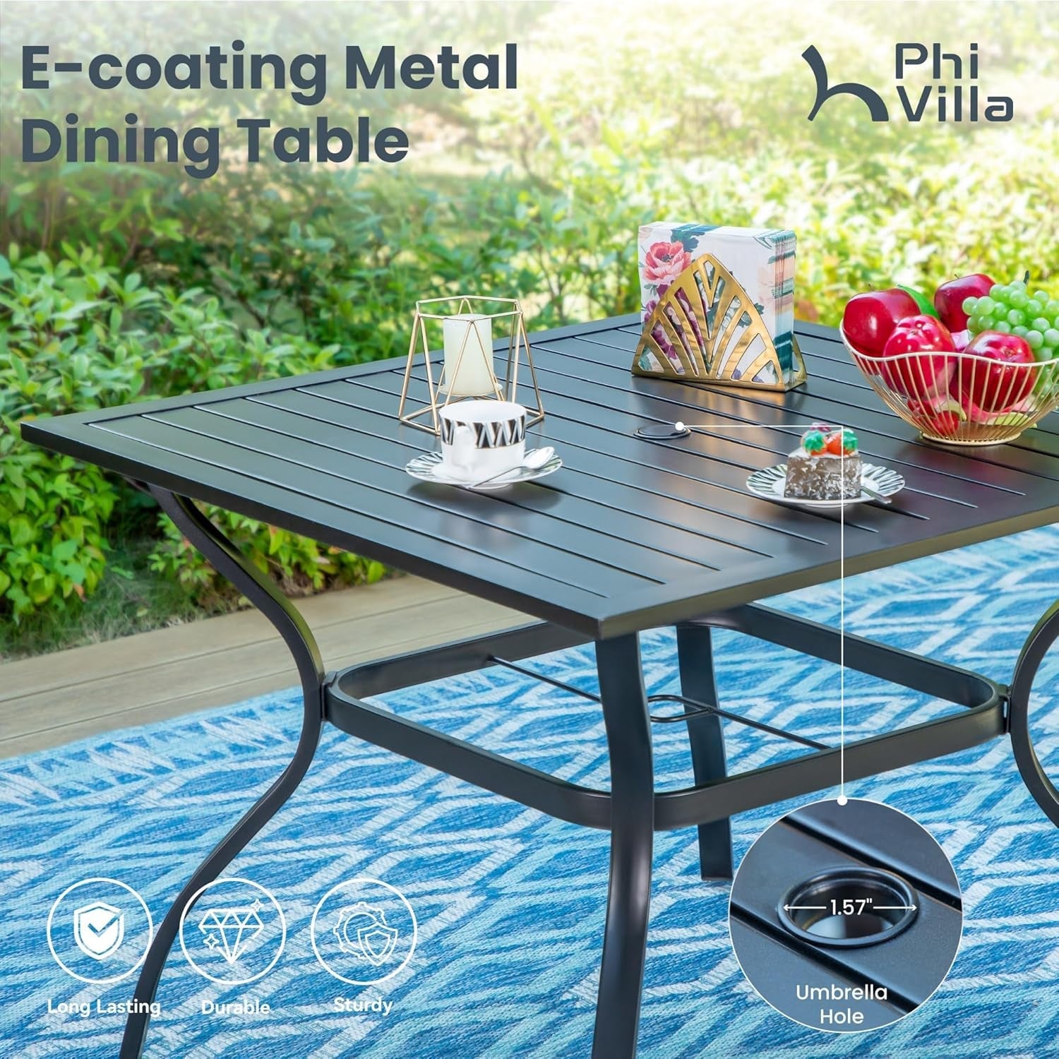 Patio Dining Set for 4 With Navy Umbrella and Padded Chairs-4