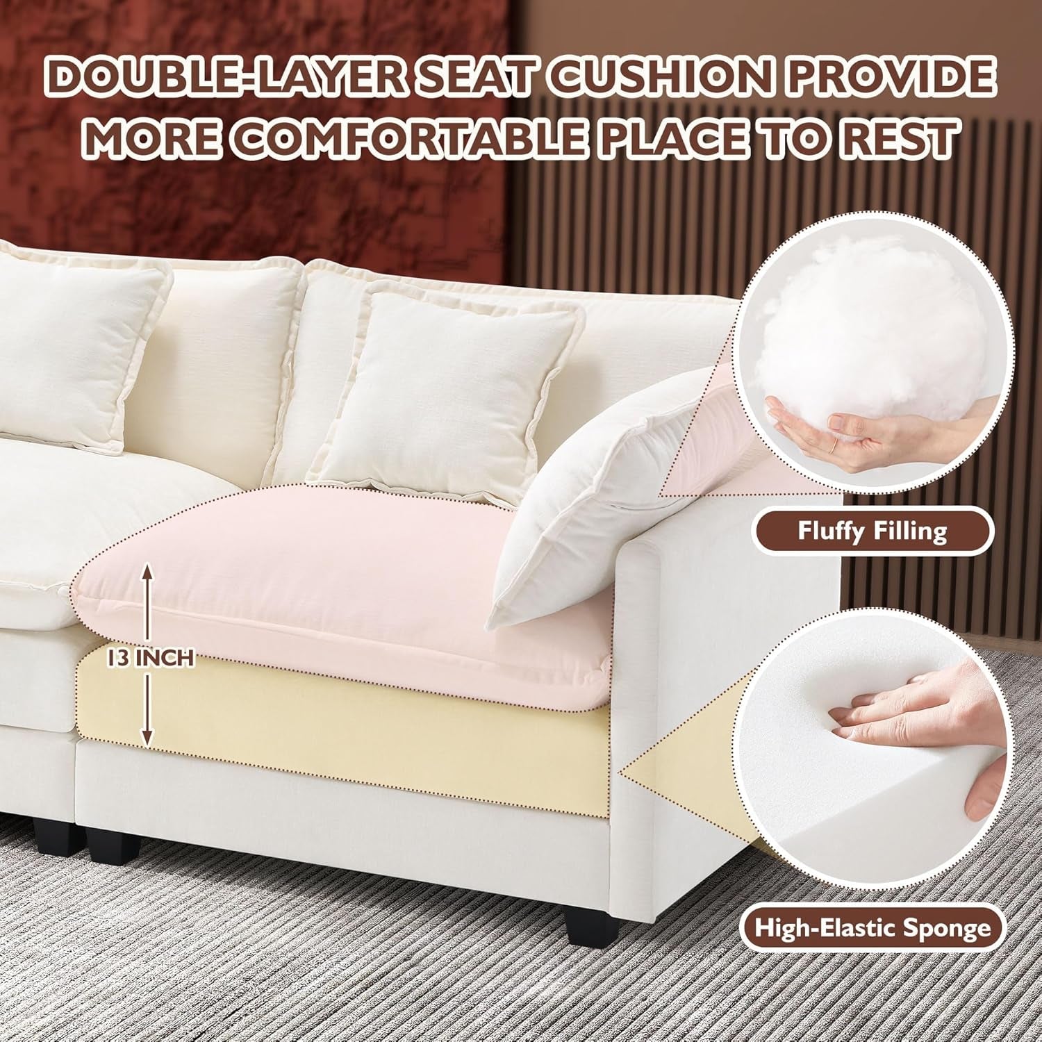 111.4 Inch 3-Seater Cloud Sofa, Modular Sectional Couch, Modern Deep Seat Sofa for Living Room, Comfy Double Layer Upholstered Seat Cushion, Breathable Chenille Fabric, Beige-2