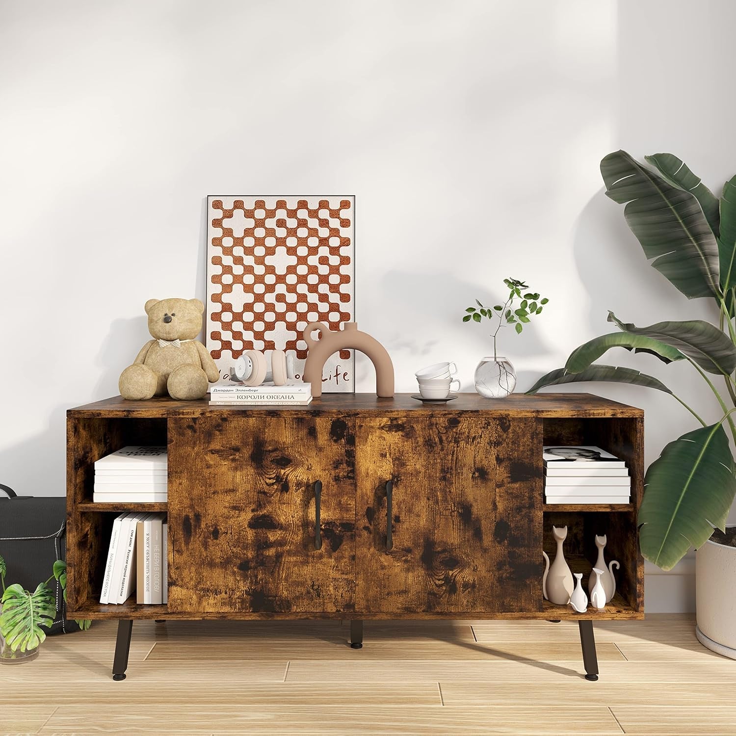 Modern Industrial TV Stand for 50 Inches TV, Classic Entertainment Center with Two Adjustable Shelves, Home Farmhouse TV Media Console Table for Living Room Bedroom, Brown-3