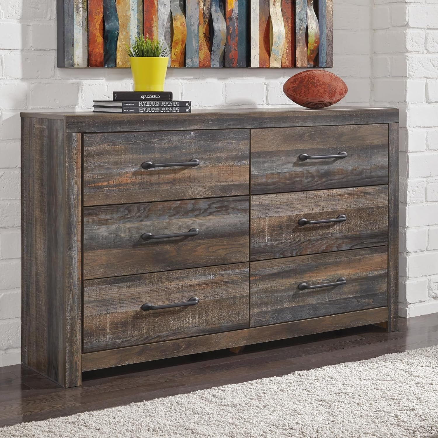 Drystan Weathered Brown Rusticated Six Drawer Dresser-1