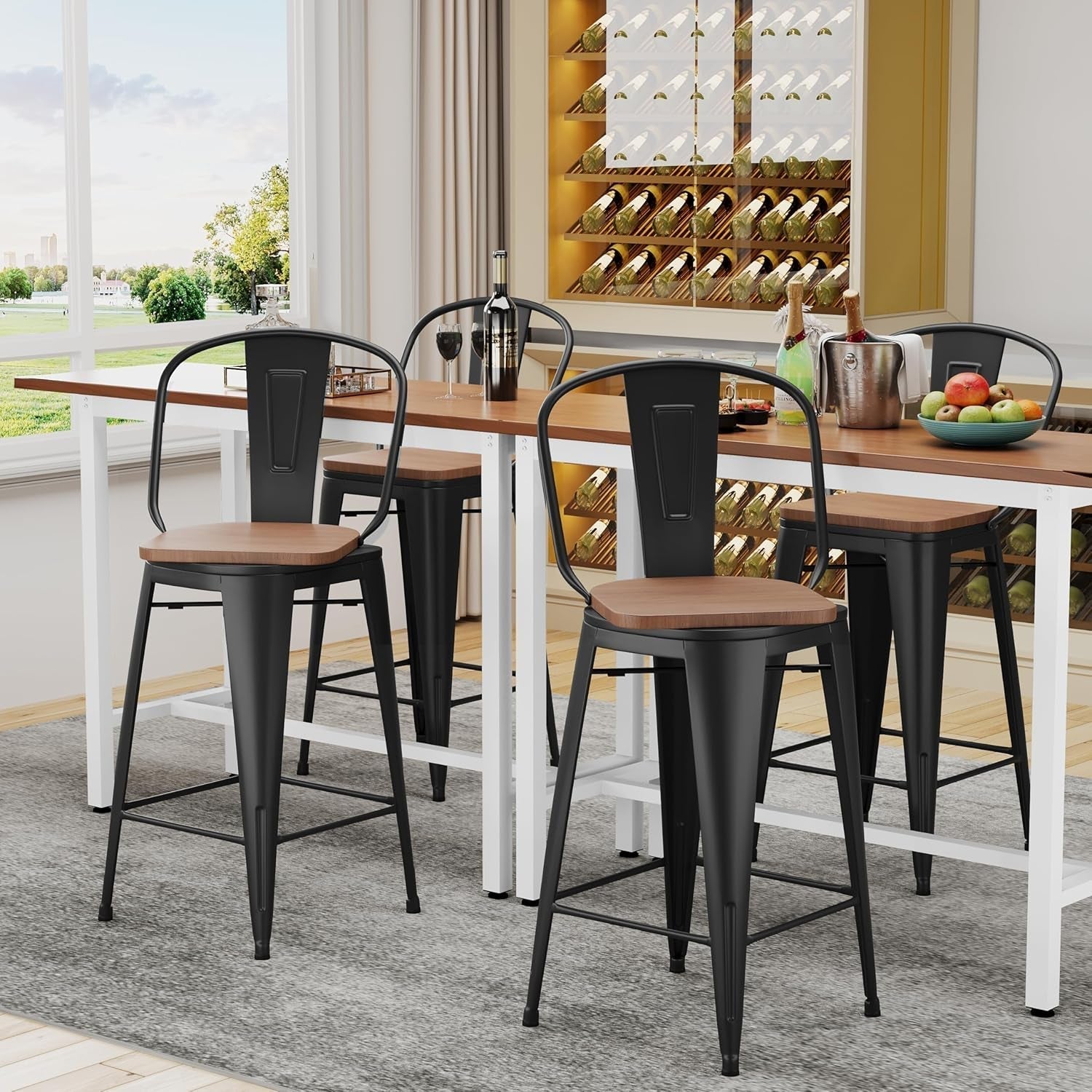 26" Swivel Metal Bar Stools Set of 4 High Back Counter Height Barstools Industrial Dining Bar Chairs with Large Wooden Seat-Matte Black-3