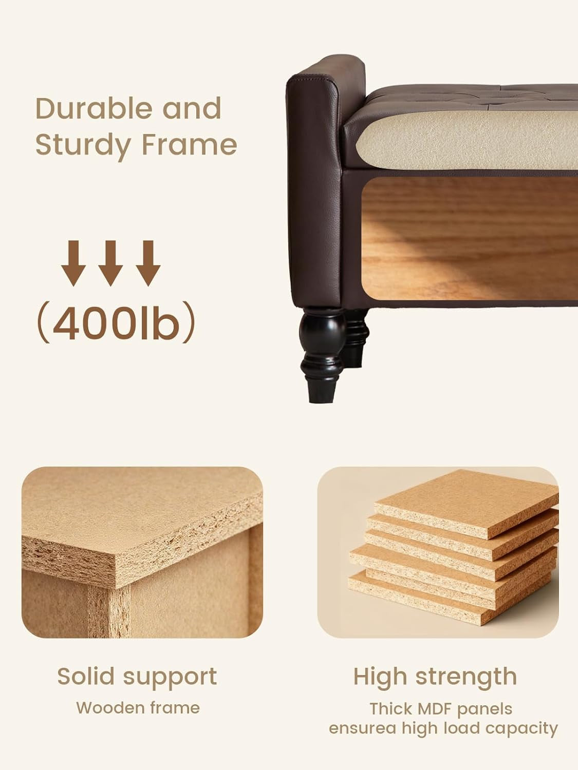 Brown Genuine Leather Storage Ottoman Bench Bedside-4