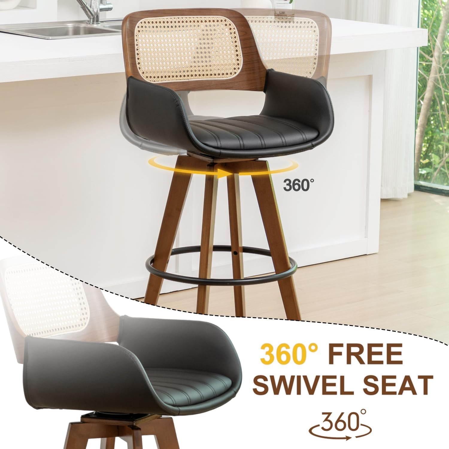 Rattan Swivel Bar Stools with Cane Backrest Design