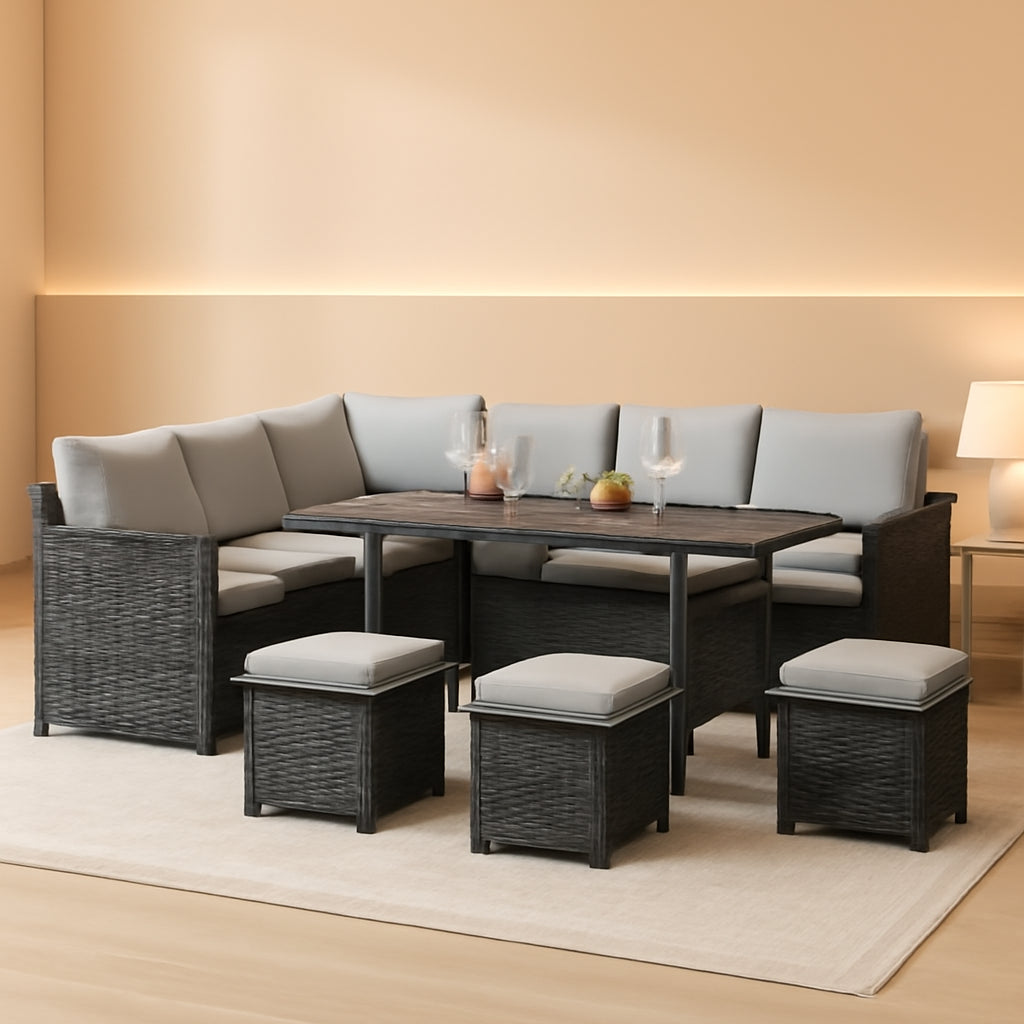 7 Piece Outdoor Patio Sectional Set All Weather Wicker Grey Cushions-0