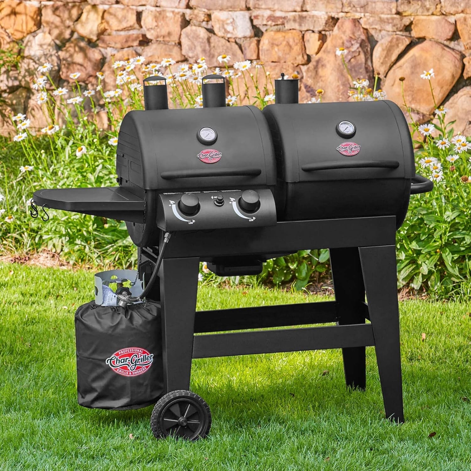 Black Propane Charcoal Dual Fuel Two Burner Grill Smoker