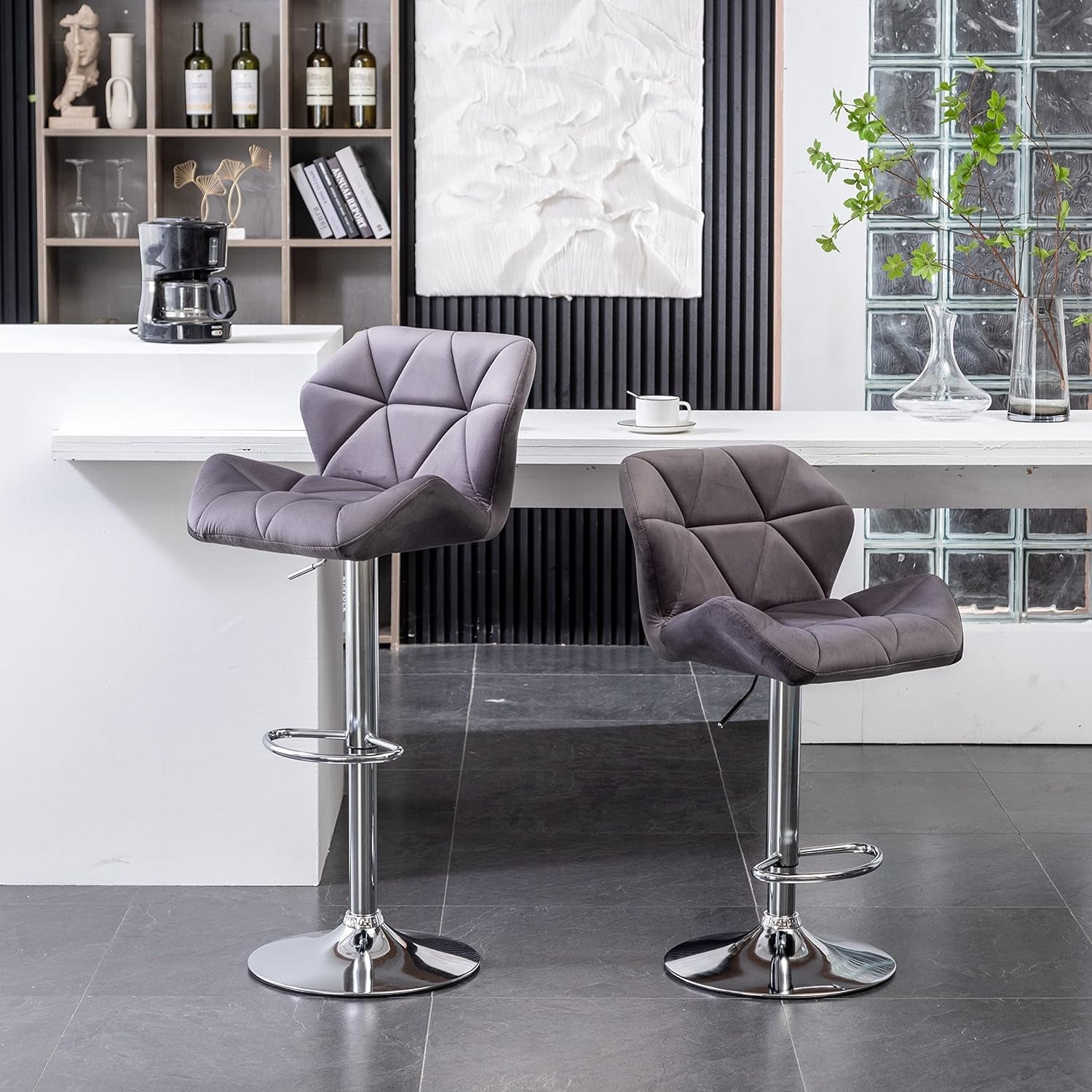 Breni Velvet Diamond Tufted Swivel Adjustable Height Bar Stool Set Of 2 Gray-1