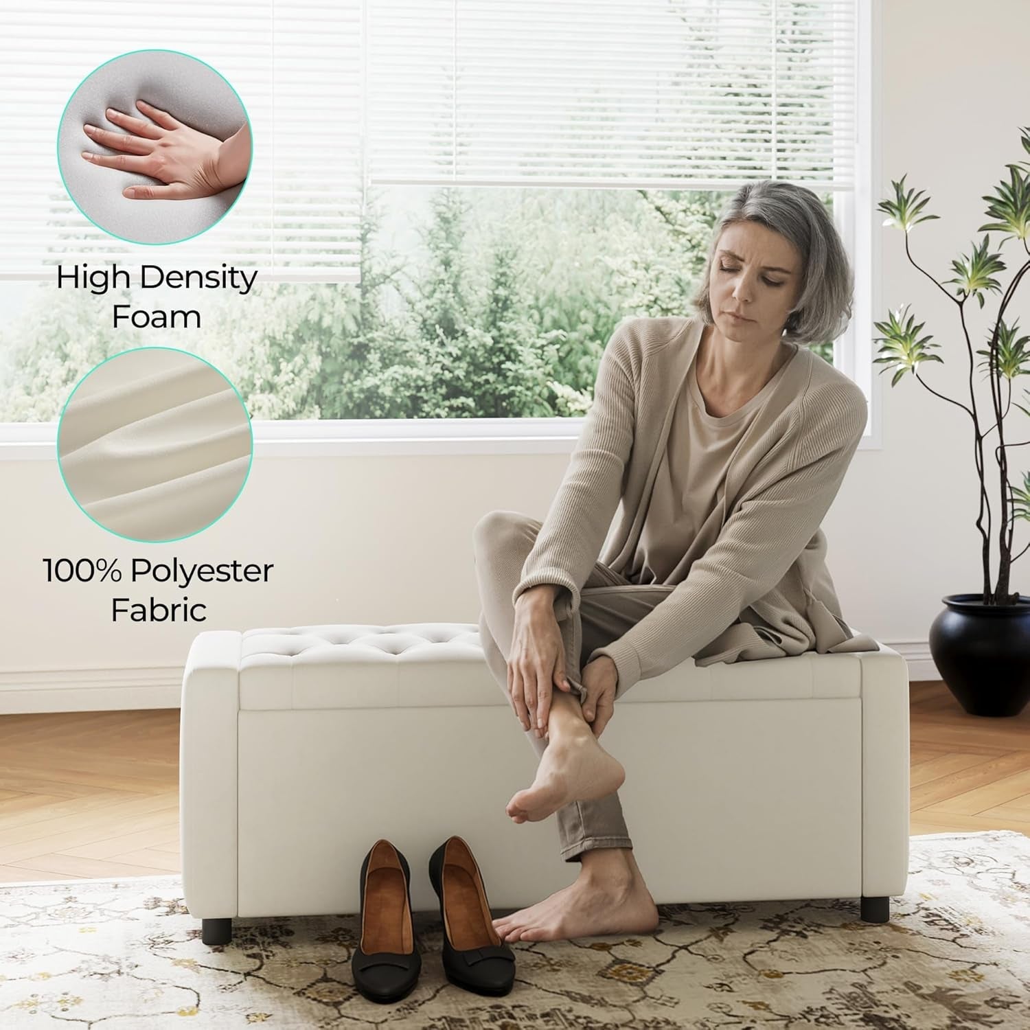 Fifty Inch Upholstered Storage Ottoman Bench Beige-3