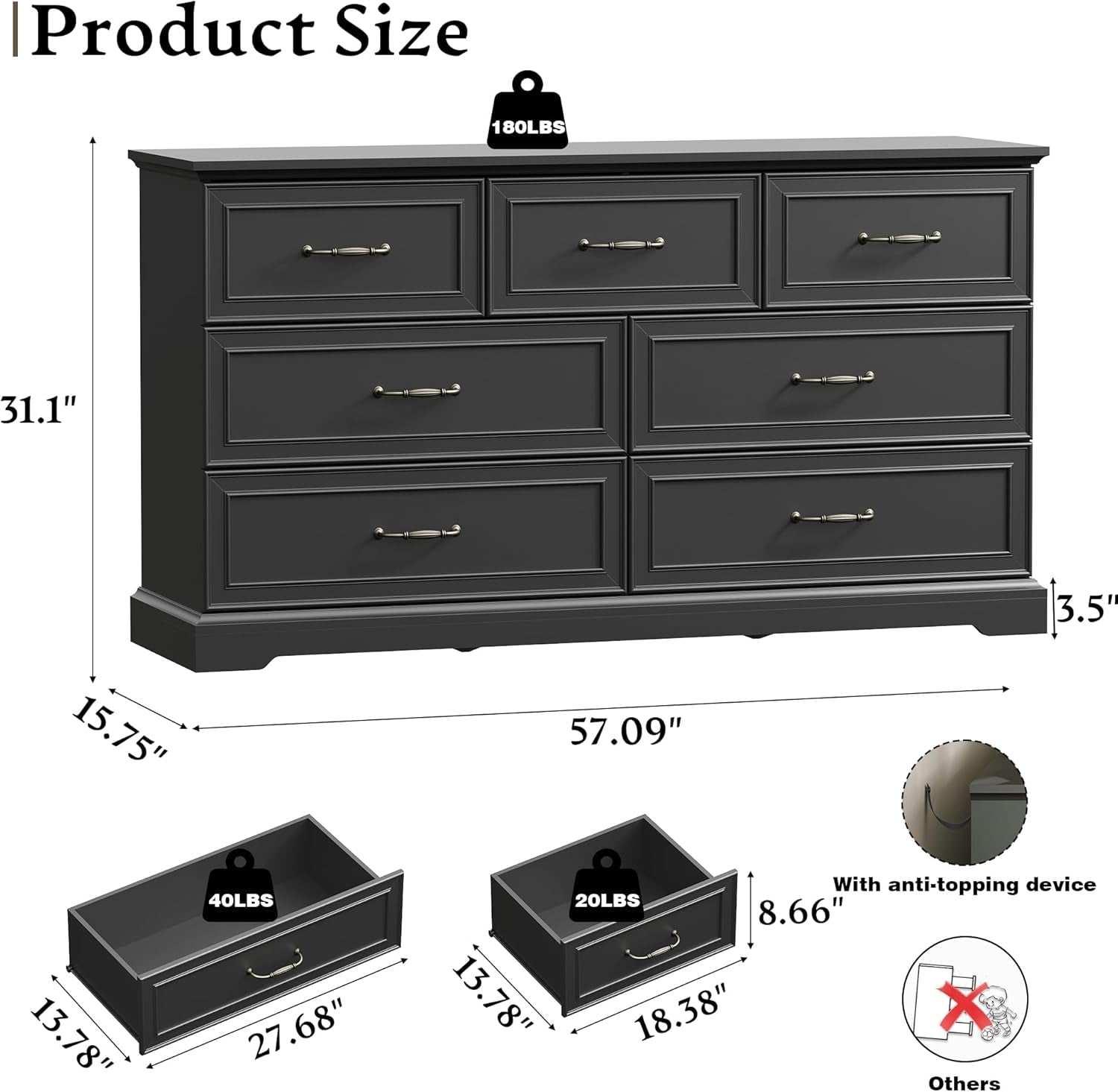 Black Farmhouse Dresser With Deep Drawers 57InchWide-1