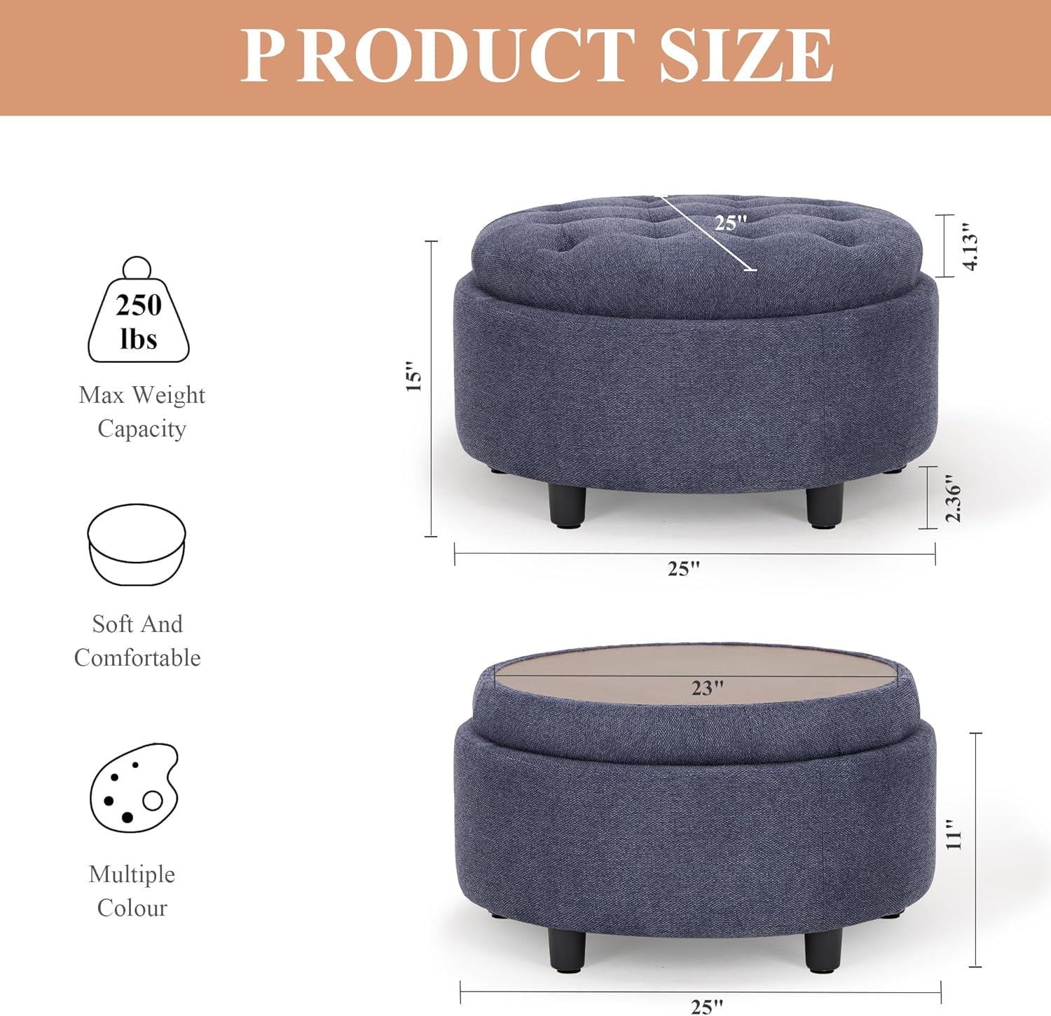 Blue Upholstered Circular Storage Ottoman With Tray-1