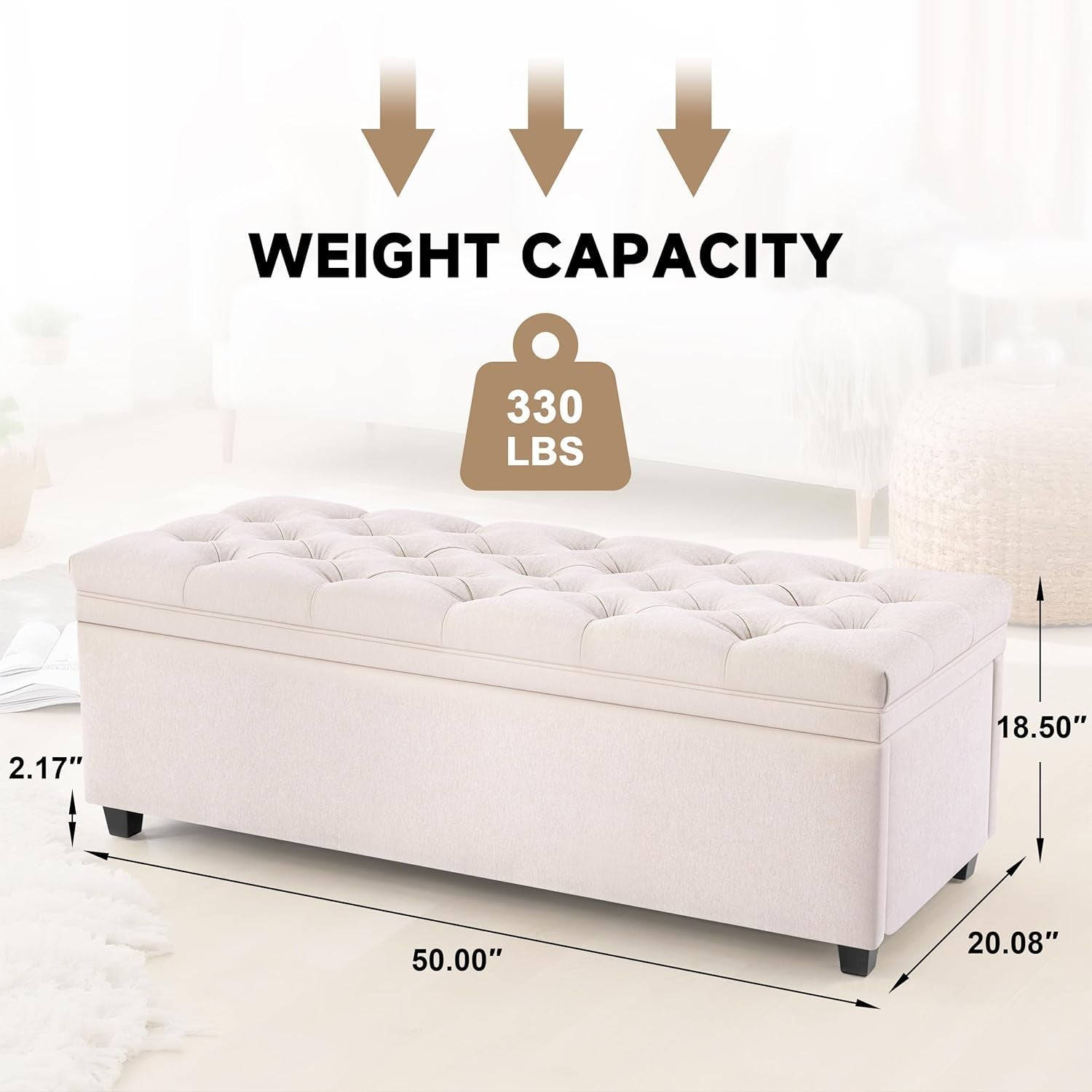 50 Inch Beige Tufted Storage Ottoman Bench Upholstered-1