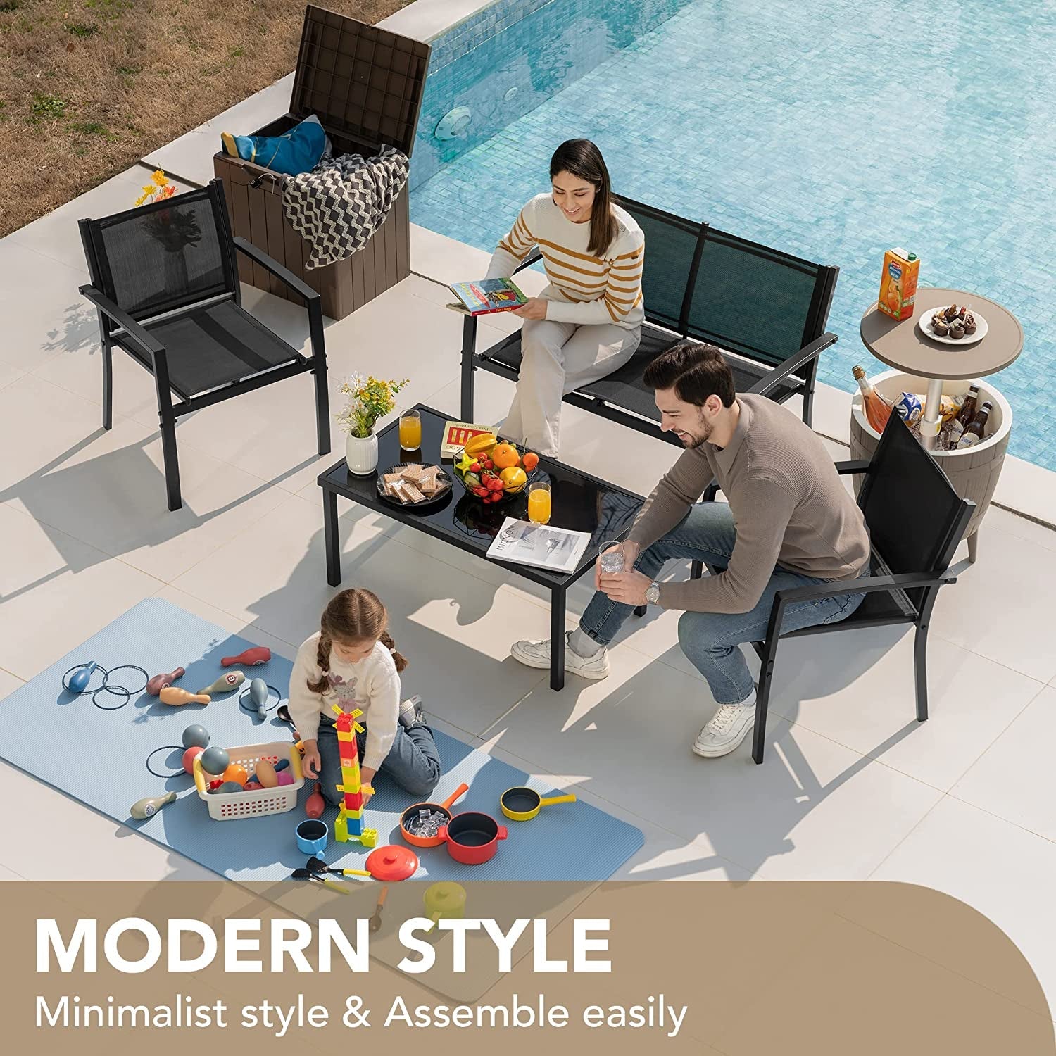 4 Piece Outdoor Patio Set With Glass Table Black Durable-3