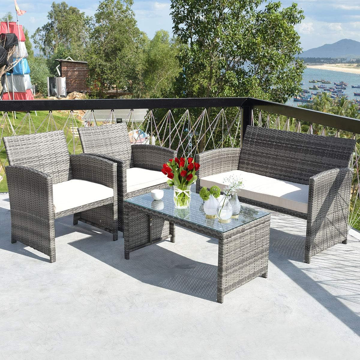 4 Piece Wicker Patio Conversation Set With Soft Cushions-1