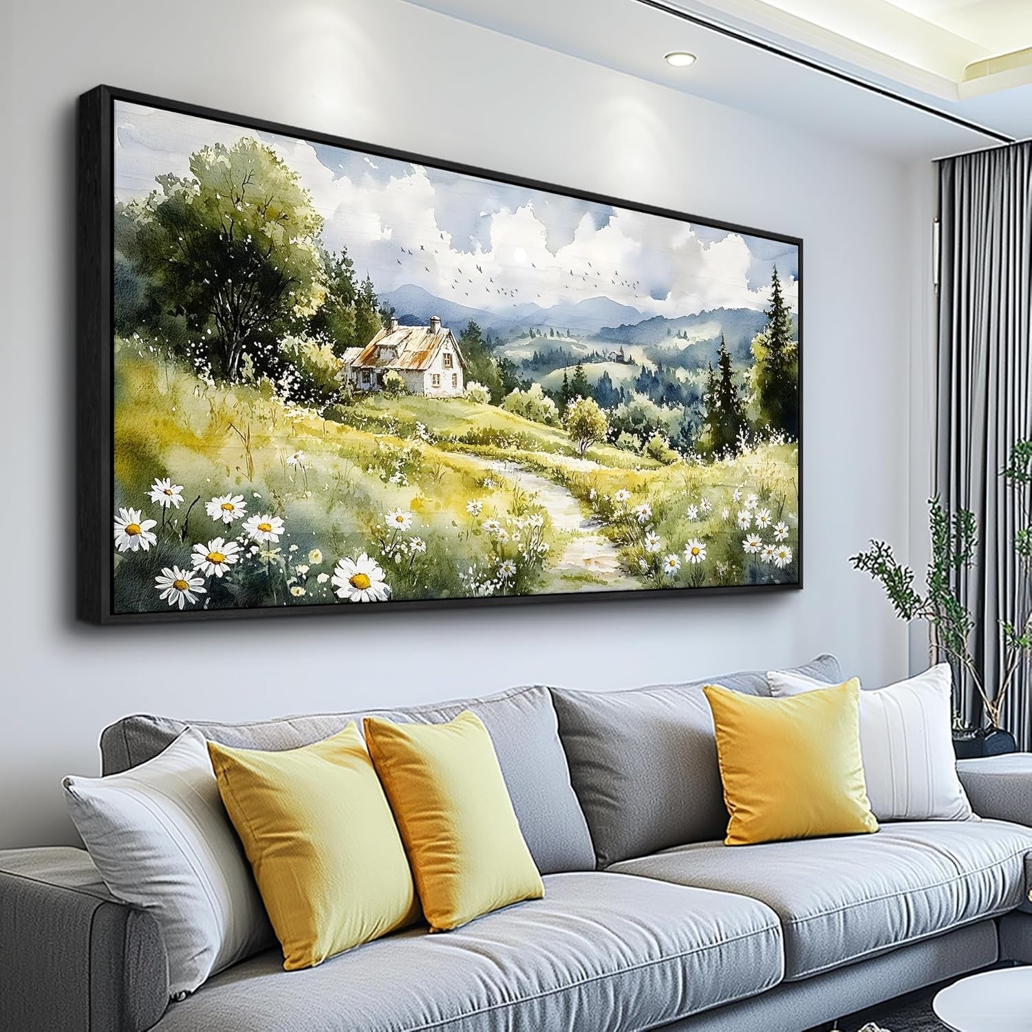 Black Framed Canvas Art work 20x40 Pastoral Land scape-0