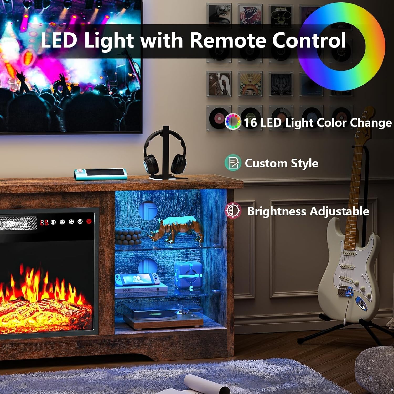 Fireplace TV Stand with 18''Fireplace, Modern Entertainment Center for Tvs up to 65 Inch, Media TV Console with Adjustable Glass Shelves and Storage Cabinets(Brown)-2