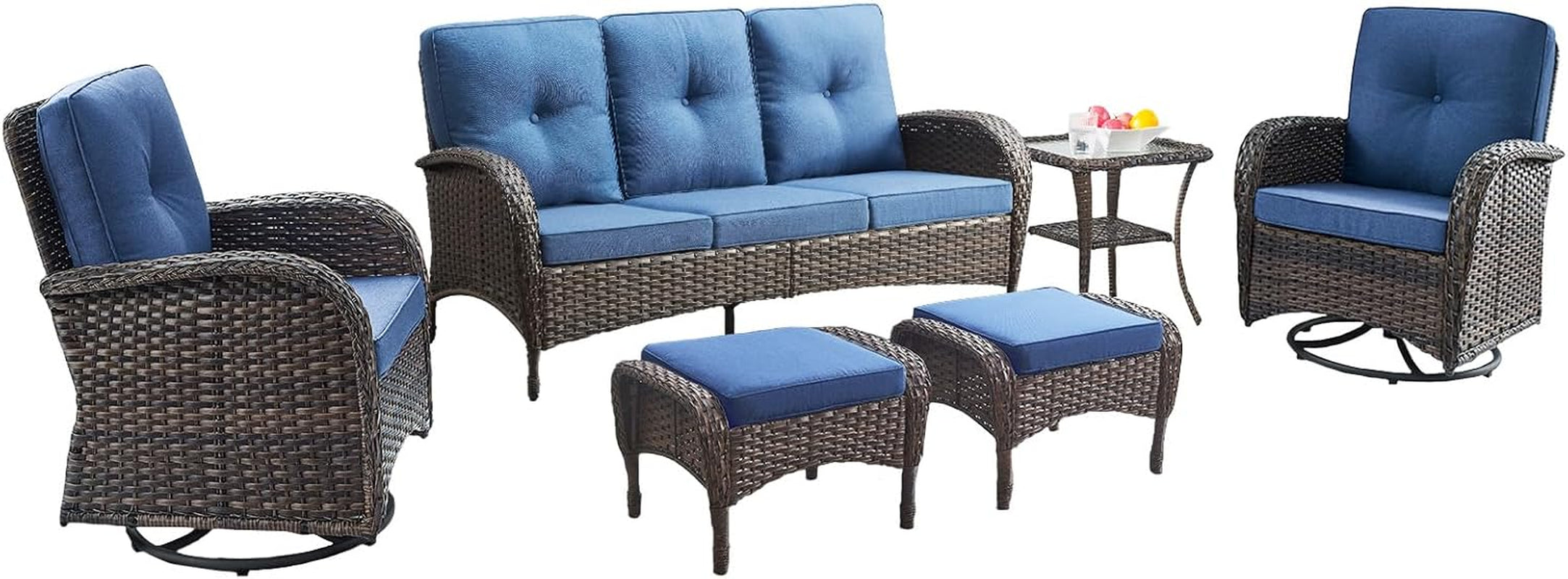 Six Piece Patio Conversation Set Brown Wicker Blue Cushions-2