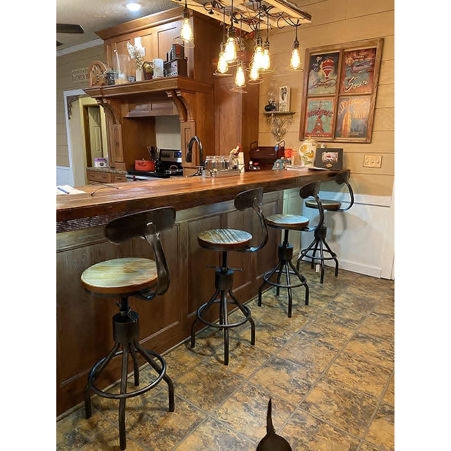 Adjustable Rustic Industrial Bar Stool Brown Seat Set of 2-4