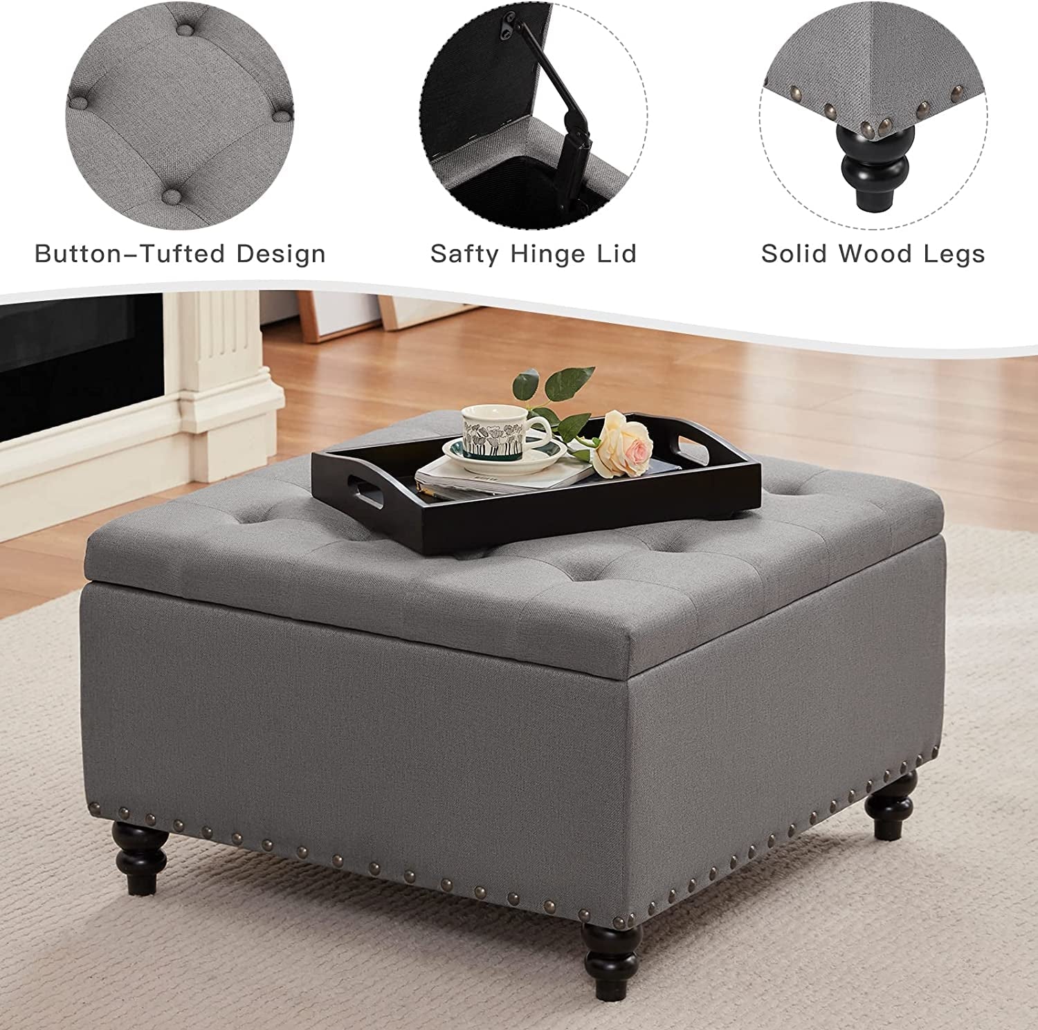 Grey Tufted Ottoman with Storage and Tray-4
