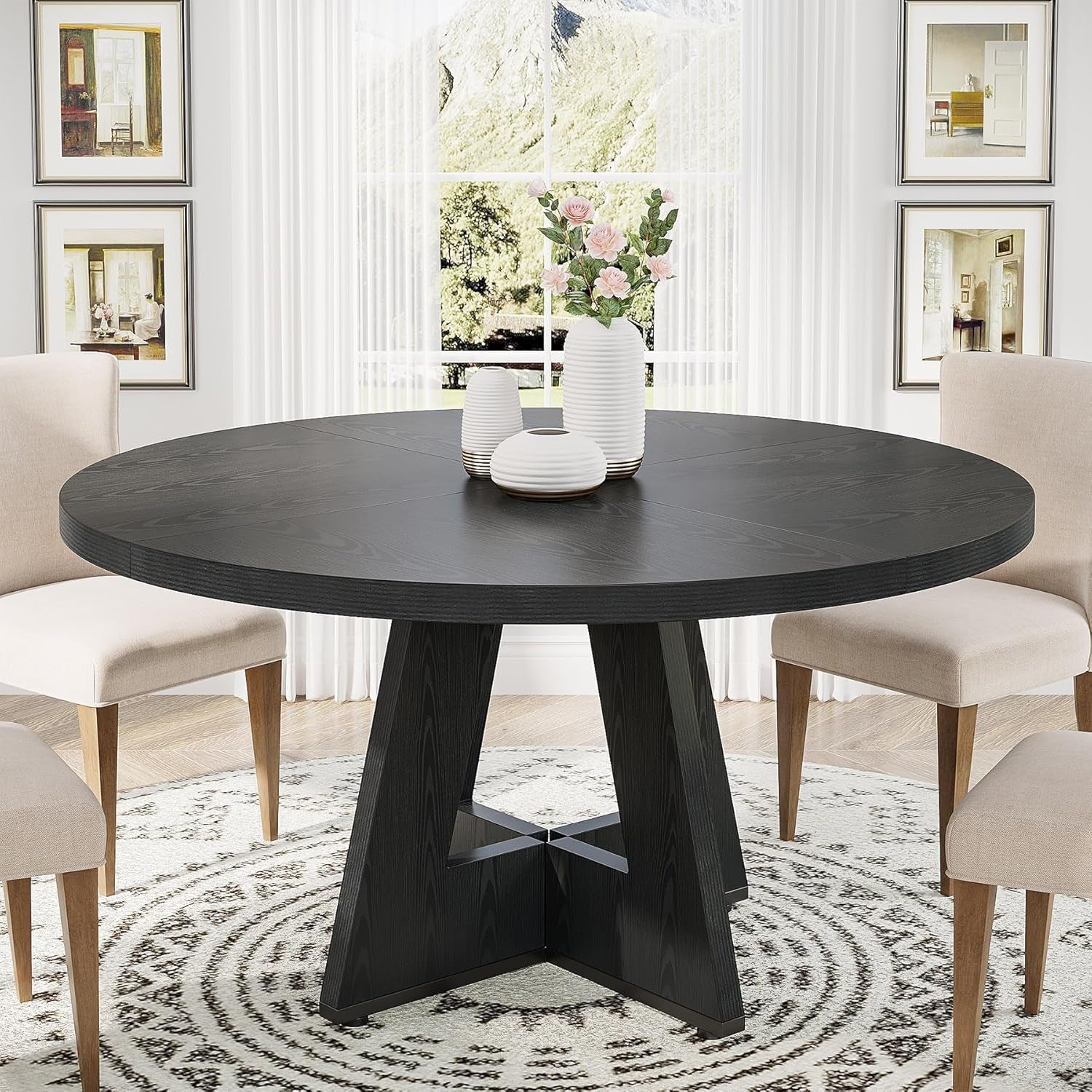 round Dining Table Wood Kitchen Table for Dining Room Living Room, 47 in Dinning Room Tables for 4 Man, Farmhouse Dinner Table with Wooden Tabletop and Cross Base, Black(Only Table)-0
