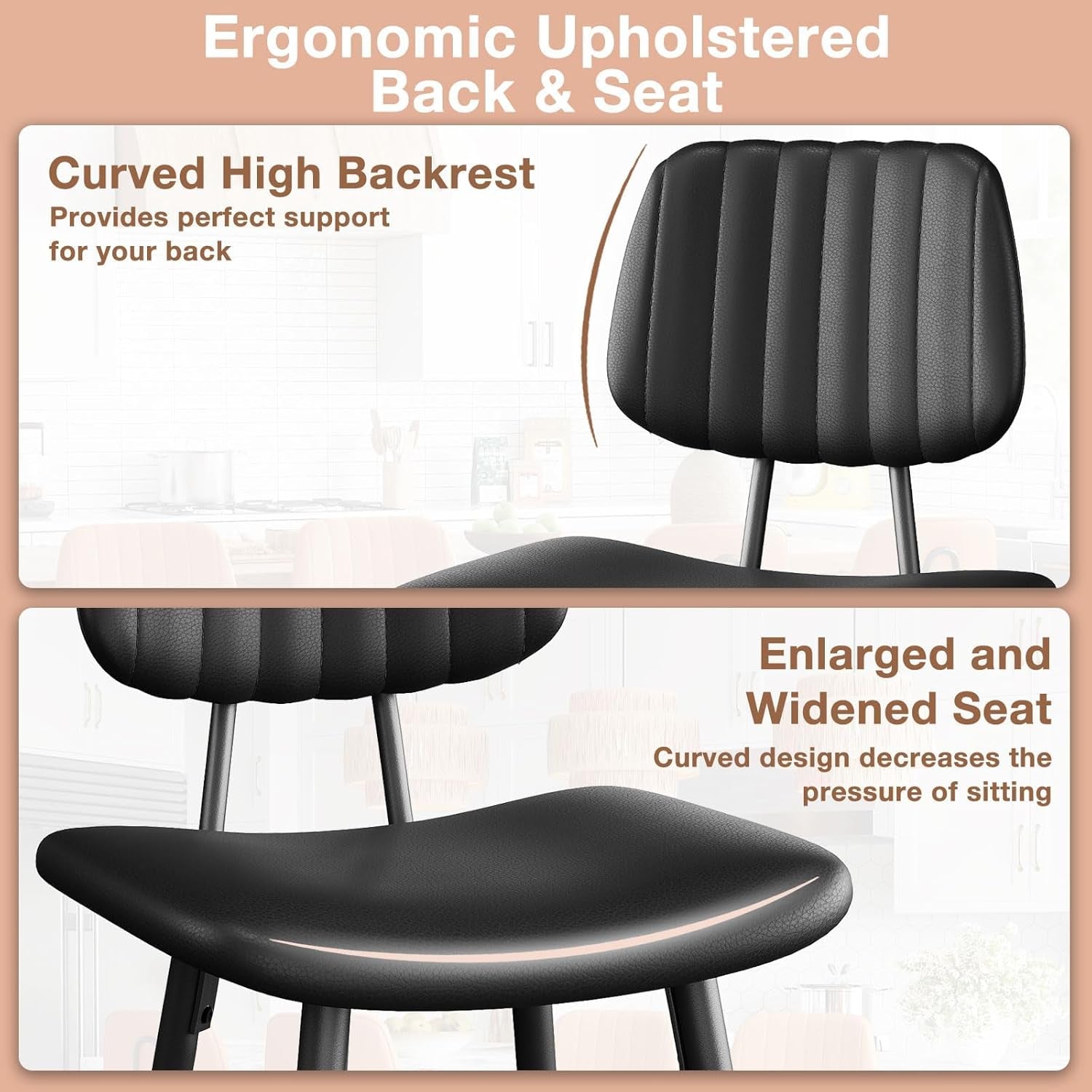 Bar Stools Set 2 24.6In Counter Height Black Faux Leather-2