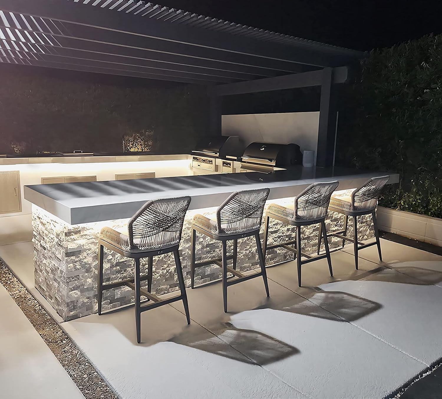 Counter Height Bar Stools Set of 4 Woven Aluminum Modern Barstools with Back and Arms for Patio Balcony Pool Accent Outdoor Kitchen Counter Stool Chairs-0