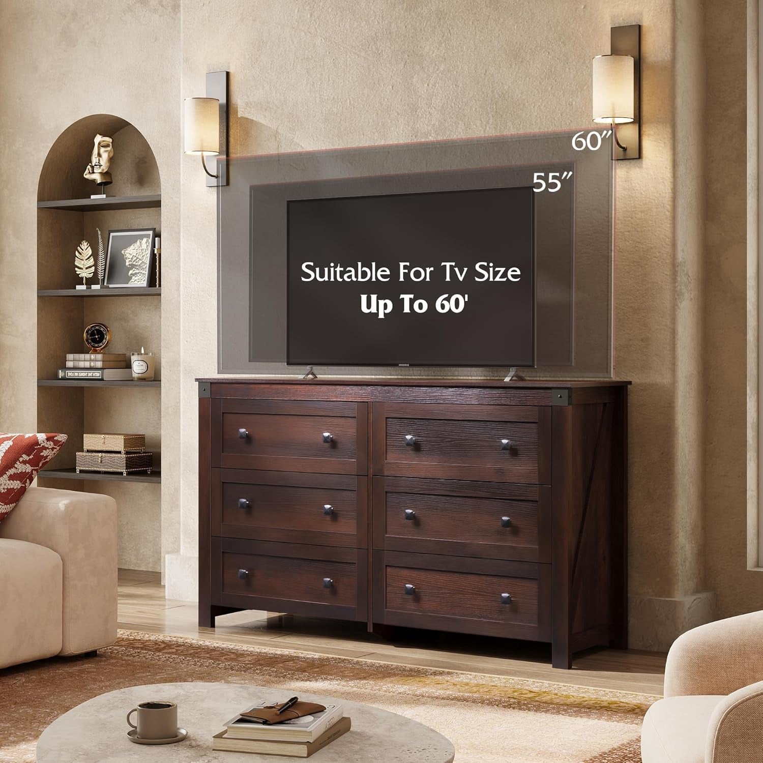 Brown Farmhouse 53InchWide 6Drawer Dresser With RusticHandles-4