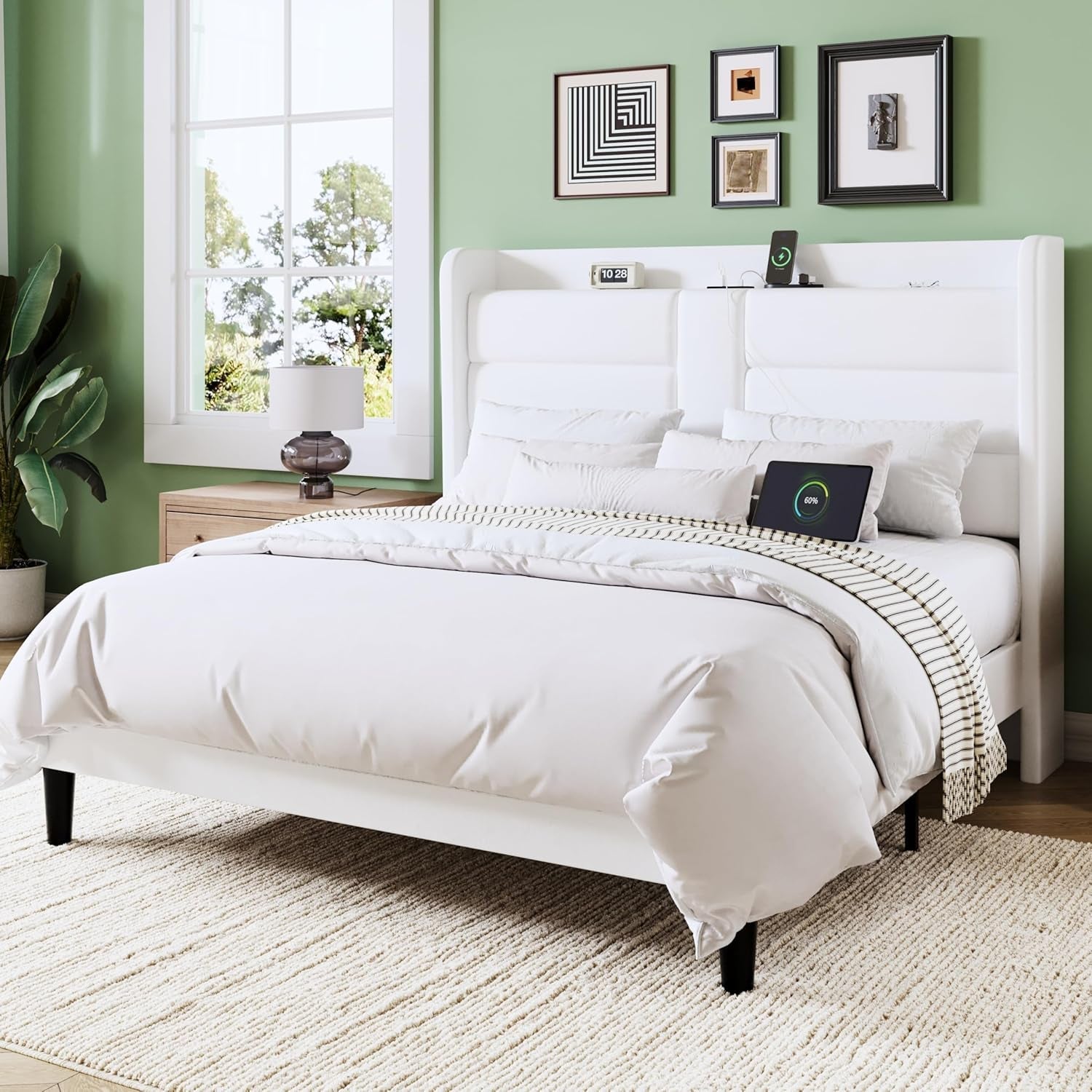 Full Size Platform Bed Frame With Integrated USB Charging Station And Storage Headboard-0